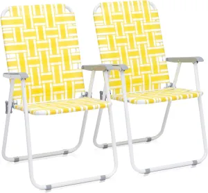 Patio Lawn Chairs Folding Set of 2, Webbed Folding Camping Chair Outdoor Beach Chair Portable Camping Chair Patio Pool Beach Lawn Chair for Yard, Garden,Indoor/Outdoor (Yellow)