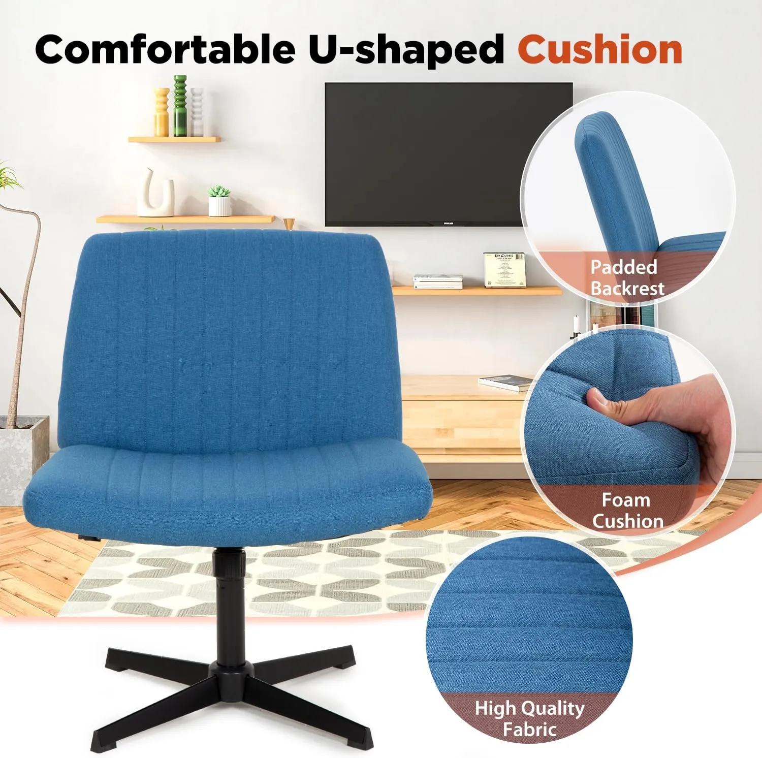 PayLessHere Criss Cross Chair Armless Office Chair No Wheels Modern Swivel Height Adjustable Ergonomic Desk Chair with Wide Seat Computer Task Vanity Chair for Home Office,Blue