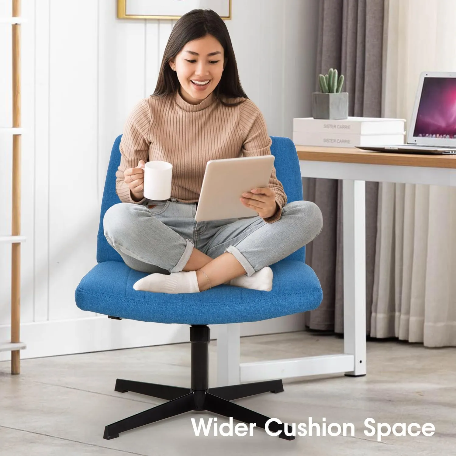 PayLessHere Criss Cross Chair Armless Office Chair No Wheels Modern Swivel Height Adjustable Ergonomic Desk Chair with Wide Seat Computer Task Vanity Chair for Home Office,Blue