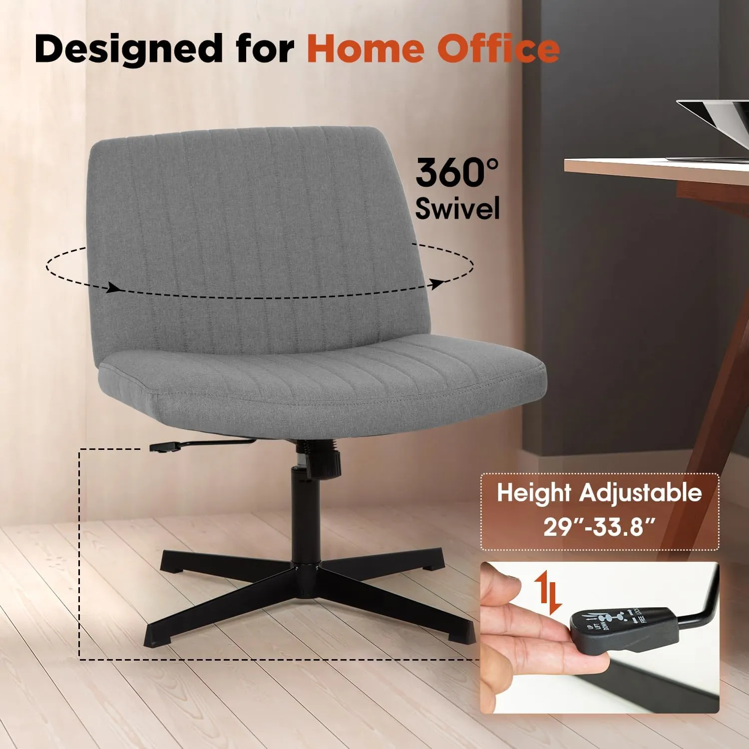 PayLessHere Criss Cross Chair Armless Office Chair No Wheels Modern Swivel Height Adjustable Ergonomic Desk Chair with Wide Seat Computer Task Vanity Chair for Home Office,Grey