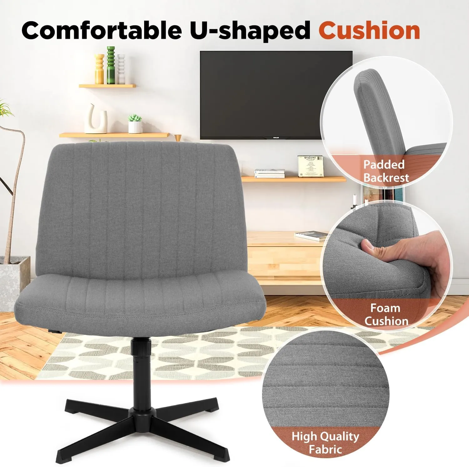 PayLessHere Criss Cross Chair Armless Office Chair No Wheels Modern Swivel Height Adjustable Ergonomic Desk Chair with Wide Seat Computer Task Vanity Chair for Home Office,Grey