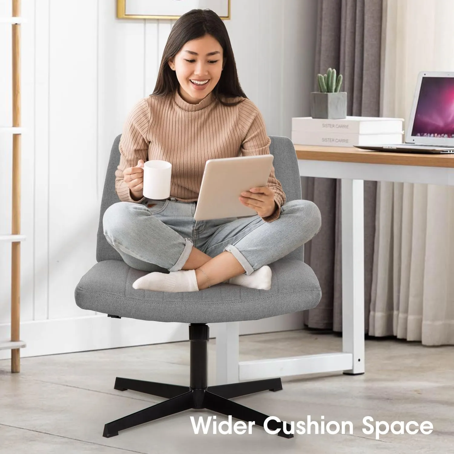 PayLessHere Criss Cross Chair Armless Office Chair No Wheels Modern Swivel Height Adjustable Ergonomic Desk Chair with Wide Seat Computer Task Vanity Chair for Home Office,Grey