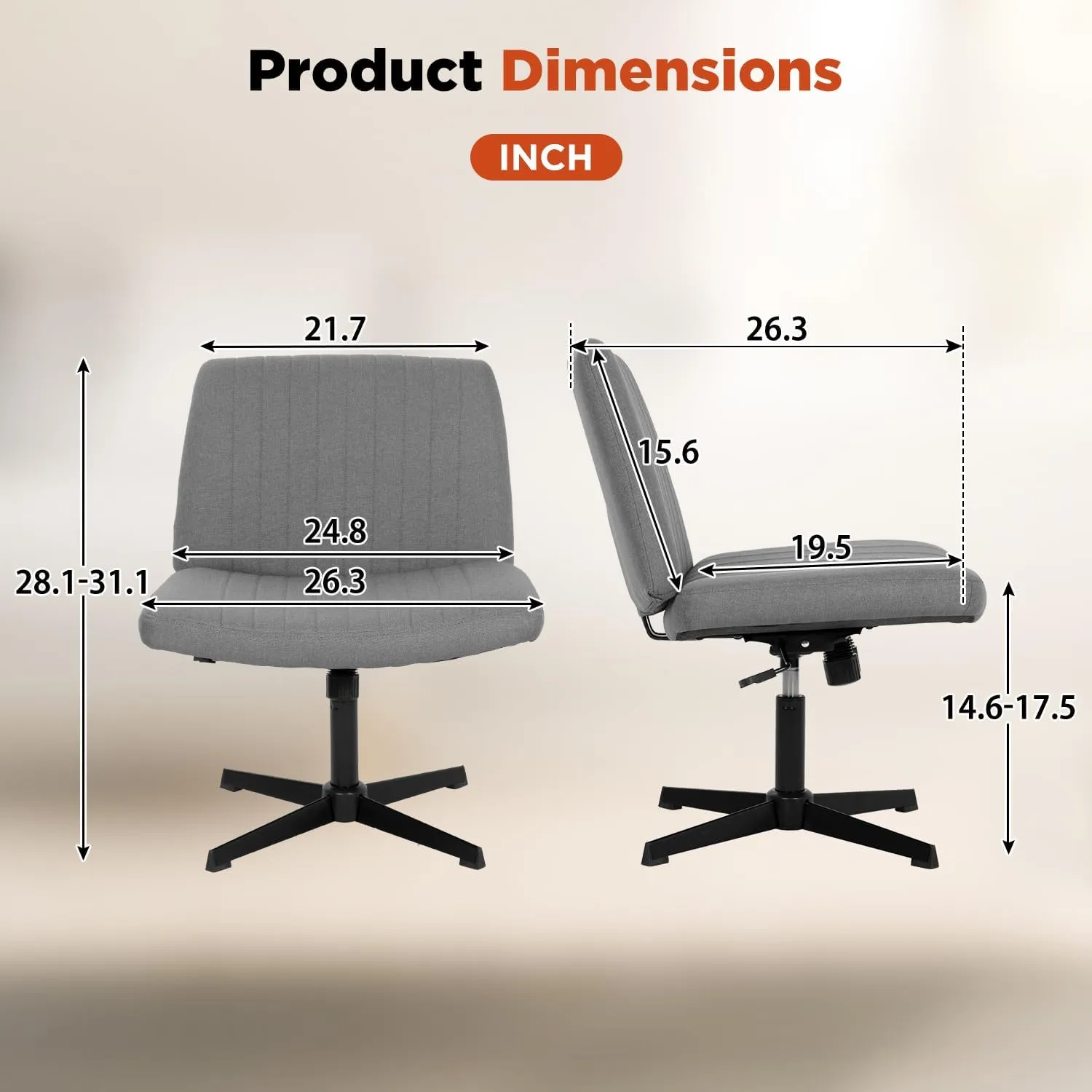 PayLessHere Criss Cross Chair Armless Office Chair No Wheels Modern Swivel Height Adjustable Ergonomic Desk Chair with Wide Seat Computer Task Vanity Chair for Home Office,Grey