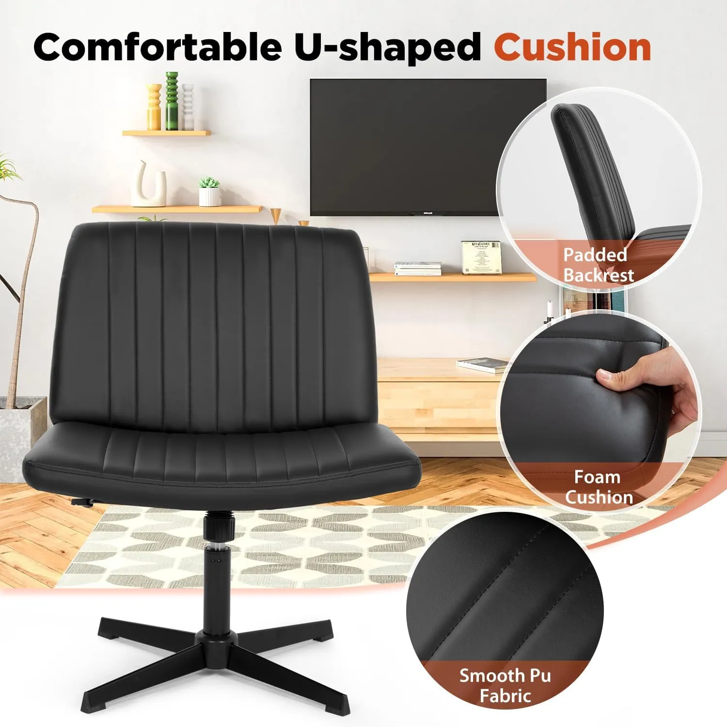 PayLessHere Criss Cross Chair,Armless Cross Legged Office Chair,Wide Comfty Desk Chair with No Wheels Modern Height Adjustable,Swivel Fabric Vanity Chair Computer Task Chair (Pack of 1, Black)