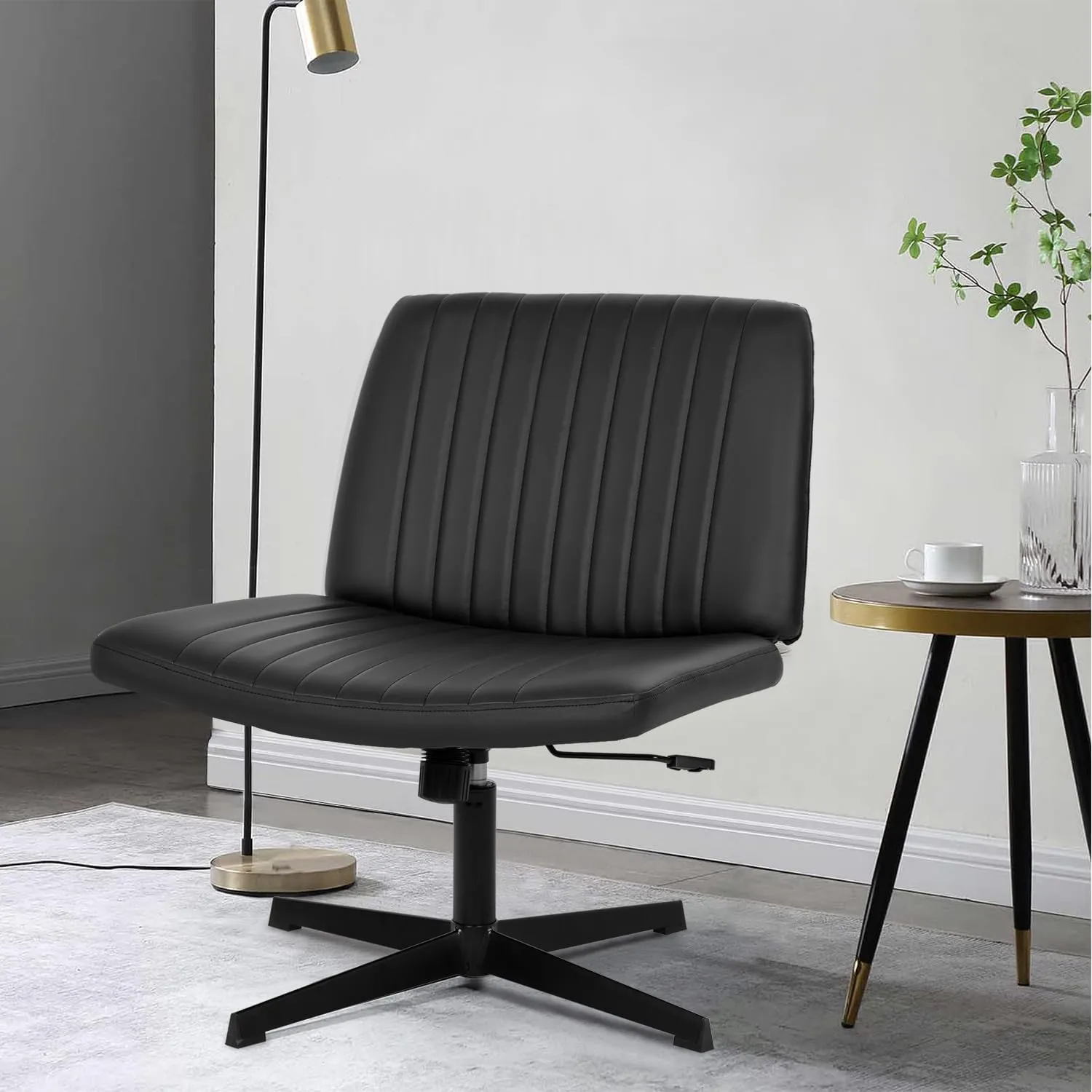 PayLessHere Criss Cross Chair,Armless Cross Legged Office Chair,Wide Comfty Desk Chair with No Wheels Modern Height Adjustable,Swivel Fabric Vanity Chair Computer Task Chair (Pack of 1, Black)