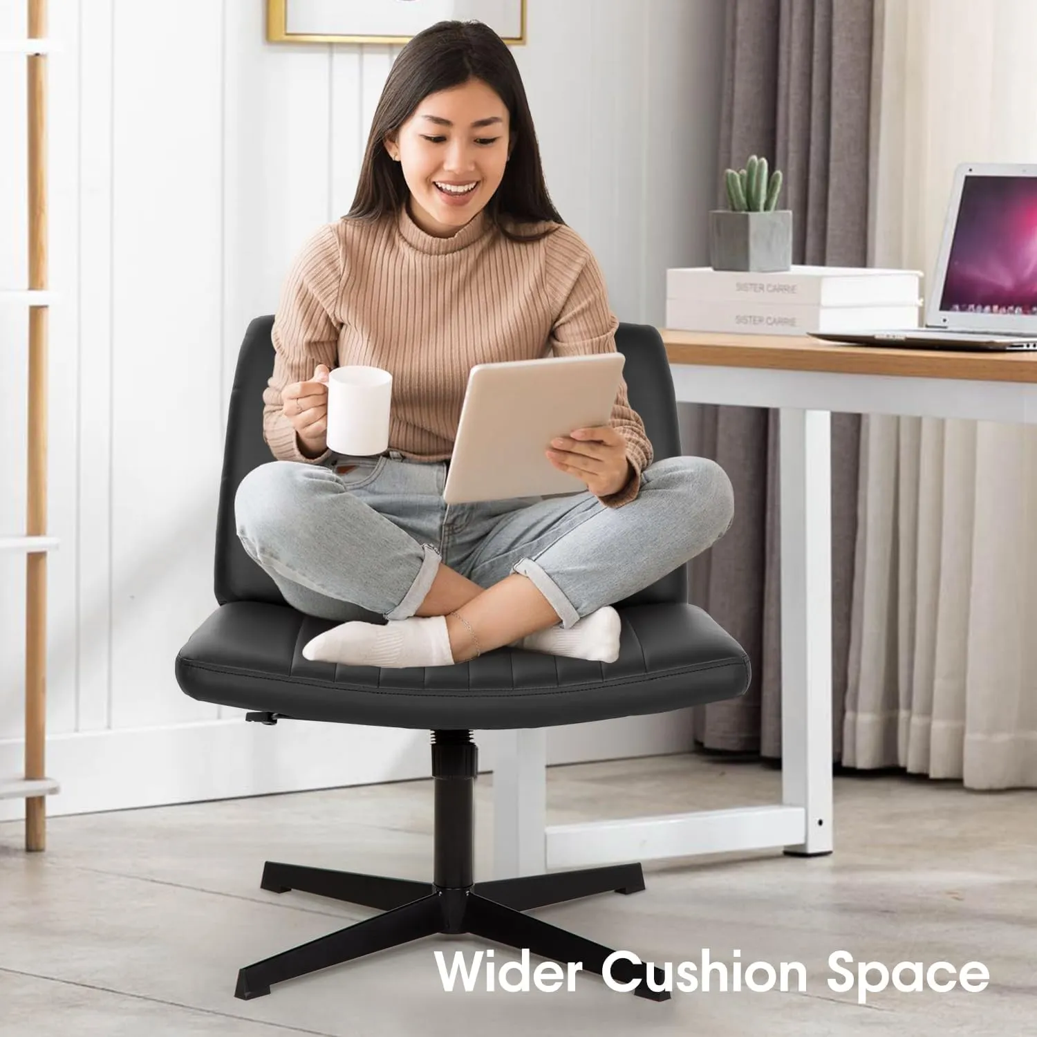 PayLessHere Criss Cross Chair,Armless Cross Legged Office Chair,Wide Comfty Desk Chair with No Wheels Modern Height Adjustable,Swivel Fabric Vanity Chair Computer Task Chair (Pack of 1, Black)