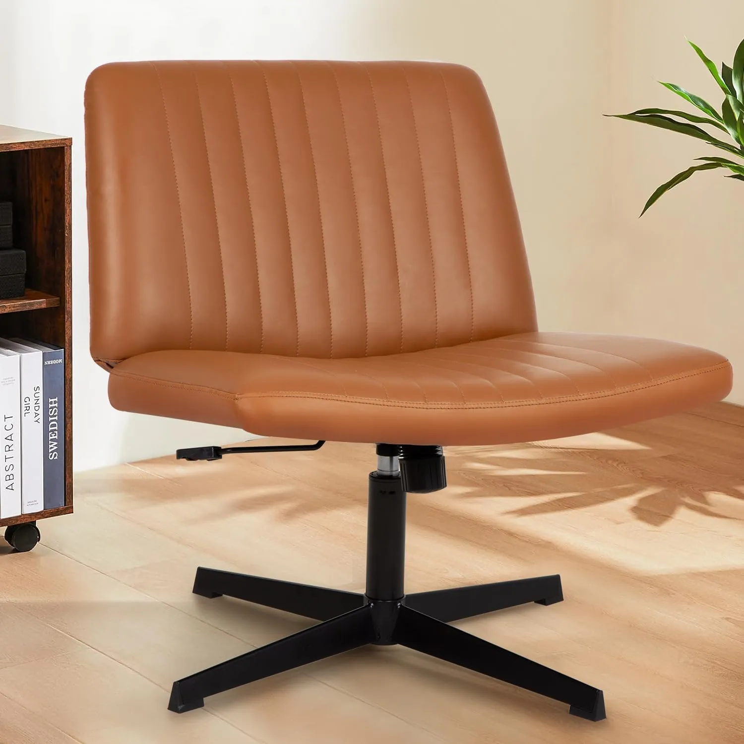 PayLessHere Criss Cross Chair,Armless Cross Legged Office Chair,Wide Comfty Desk Chair with No Wheels Modern Height Adjustable,Swivel Fabric Vanity Chair Computer Task Chair (Pack of 1, Brown)