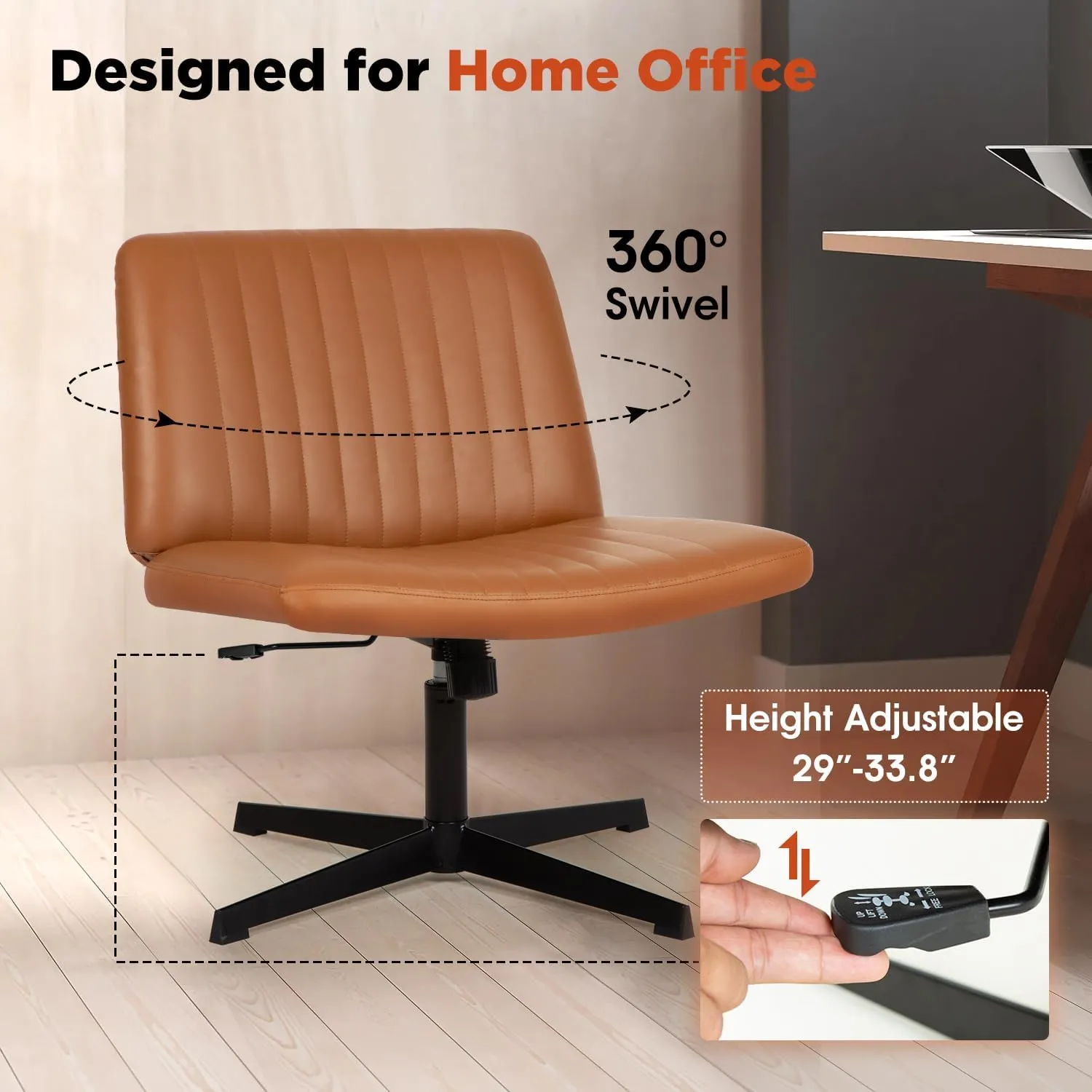 PayLessHere Criss Cross Chair,Armless Cross Legged Office Chair,Wide Comfty Desk Chair with No Wheels Modern Height Adjustable,Swivel Fabric Vanity Chair Computer Task Chair (Pack of 1, Brown)
