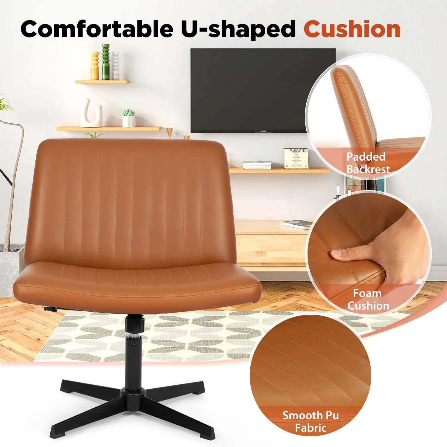 PayLessHere Criss Cross Chair,Armless Cross Legged Office Chair,Wide Comfty Desk Chair with No Wheels Modern Height Adjustable,Swivel Fabric Vanity Chair Computer Task Chair (Pack of 1, Brown)