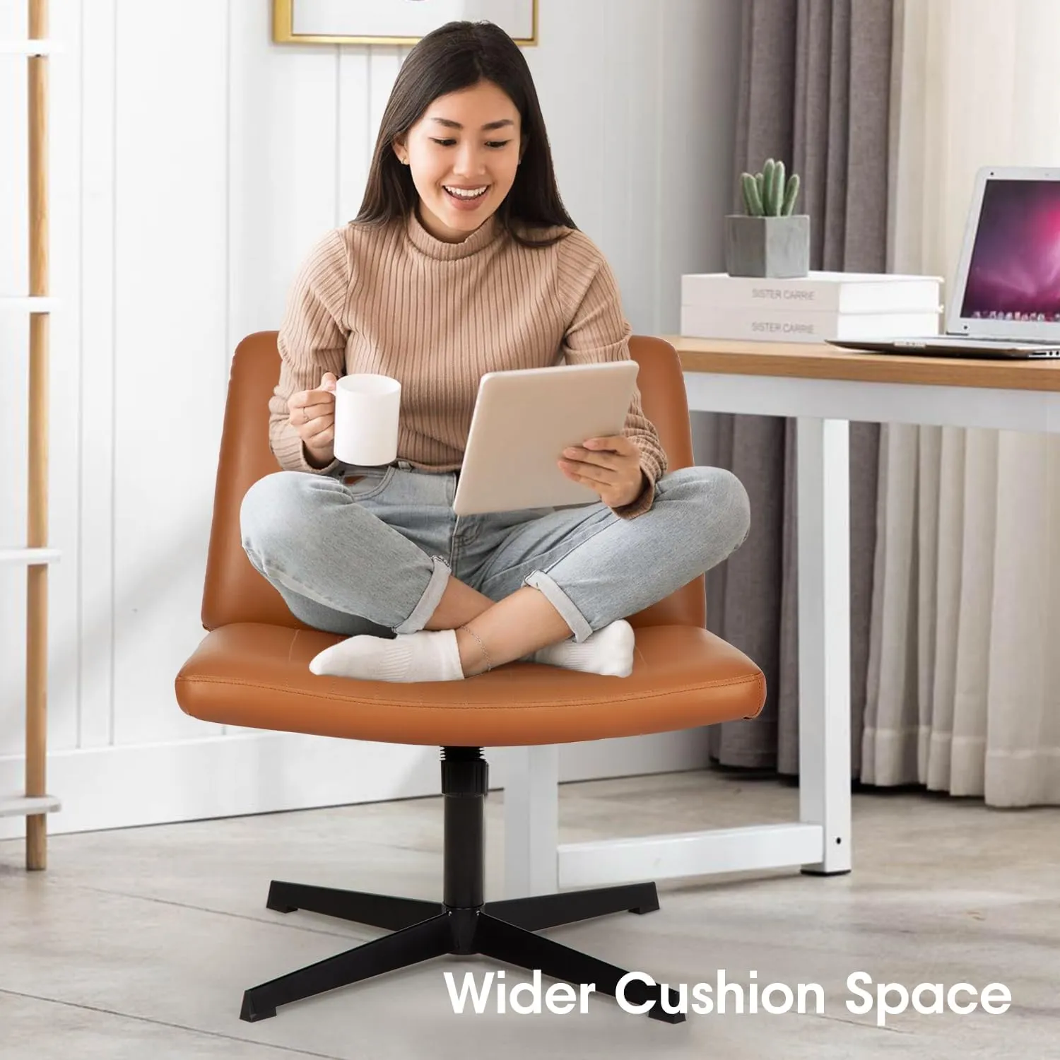 PayLessHere Criss Cross Chair,Armless Cross Legged Office Chair,Wide Comfty Desk Chair with No Wheels Modern Height Adjustable,Swivel Fabric Vanity Chair Computer Task Chair (Pack of 1, Brown)