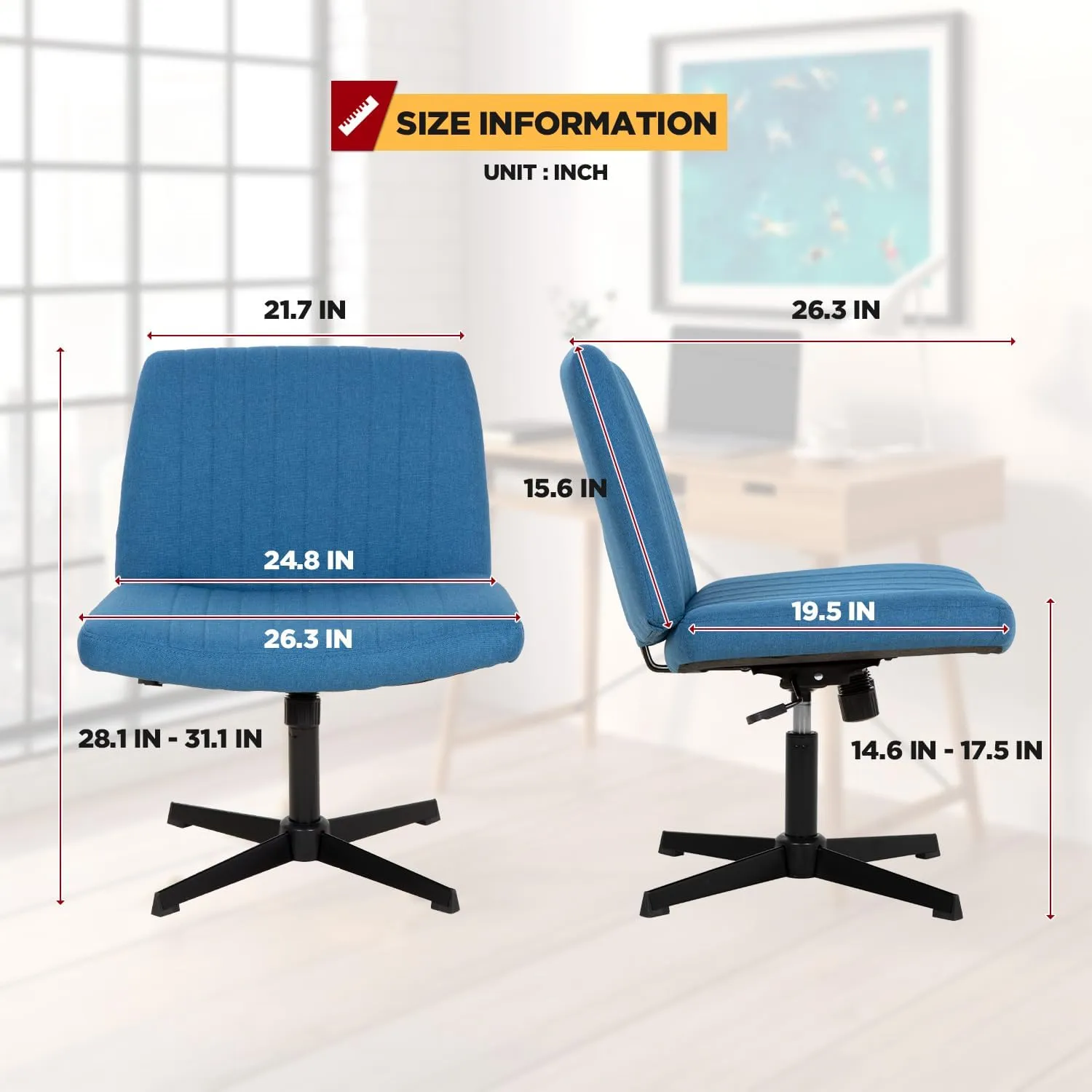 PayLessHere Criss Cross Chair,Armless Cross Legged Office Chair,Wide Comfty Desk Chair with No Wheels Modern Height Adjustable,Swivel Fabric Vanity Chair Computer Task Chair (Pack of 1, Dark Blue)