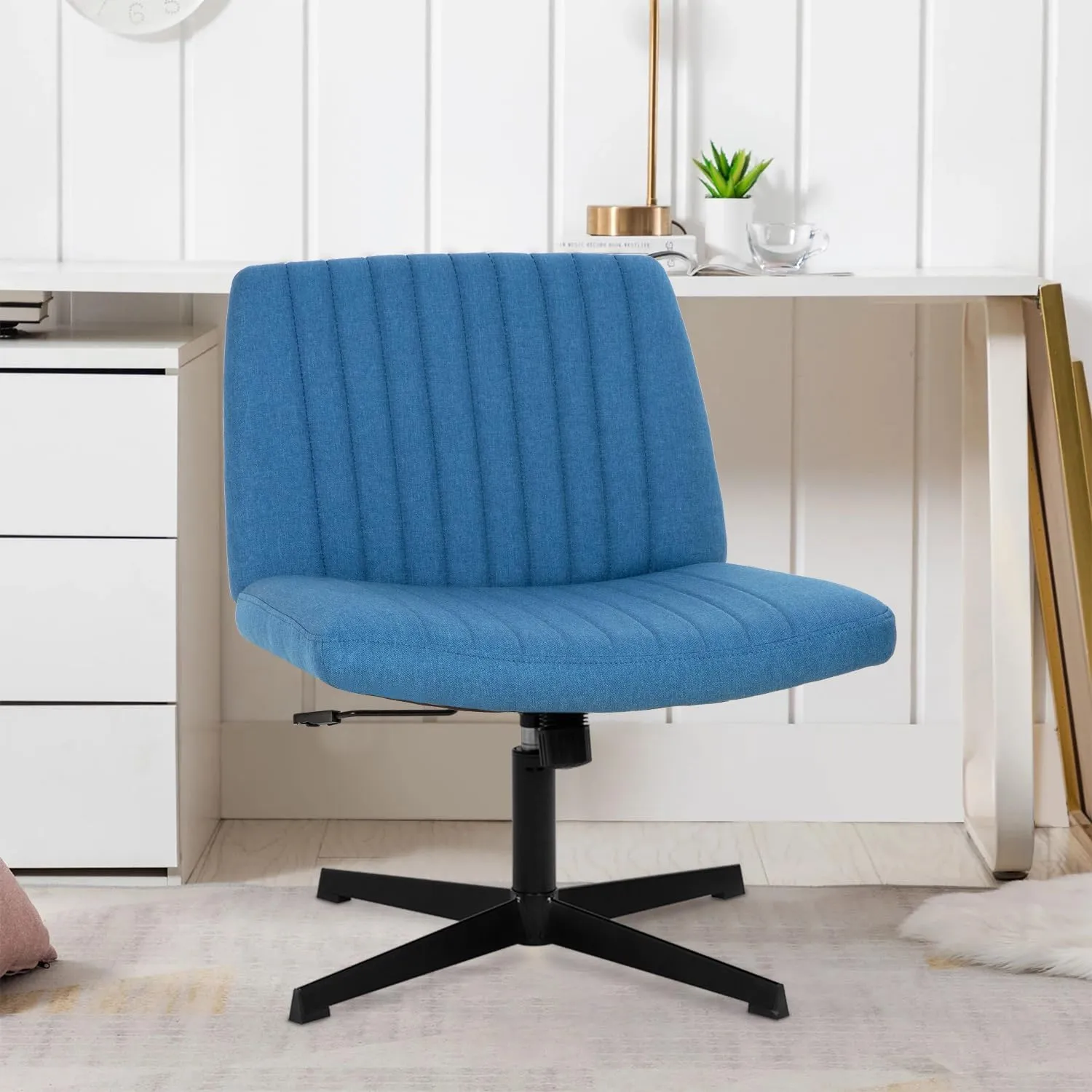 PayLessHere Criss Cross Chair,Armless Cross Legged Office Chair,Wide Comfty Desk Chair with No Wheels Modern Height Adjustable,Swivel Fabric Vanity Chair Computer Task Chair (Pack of 1, Dark Blue)