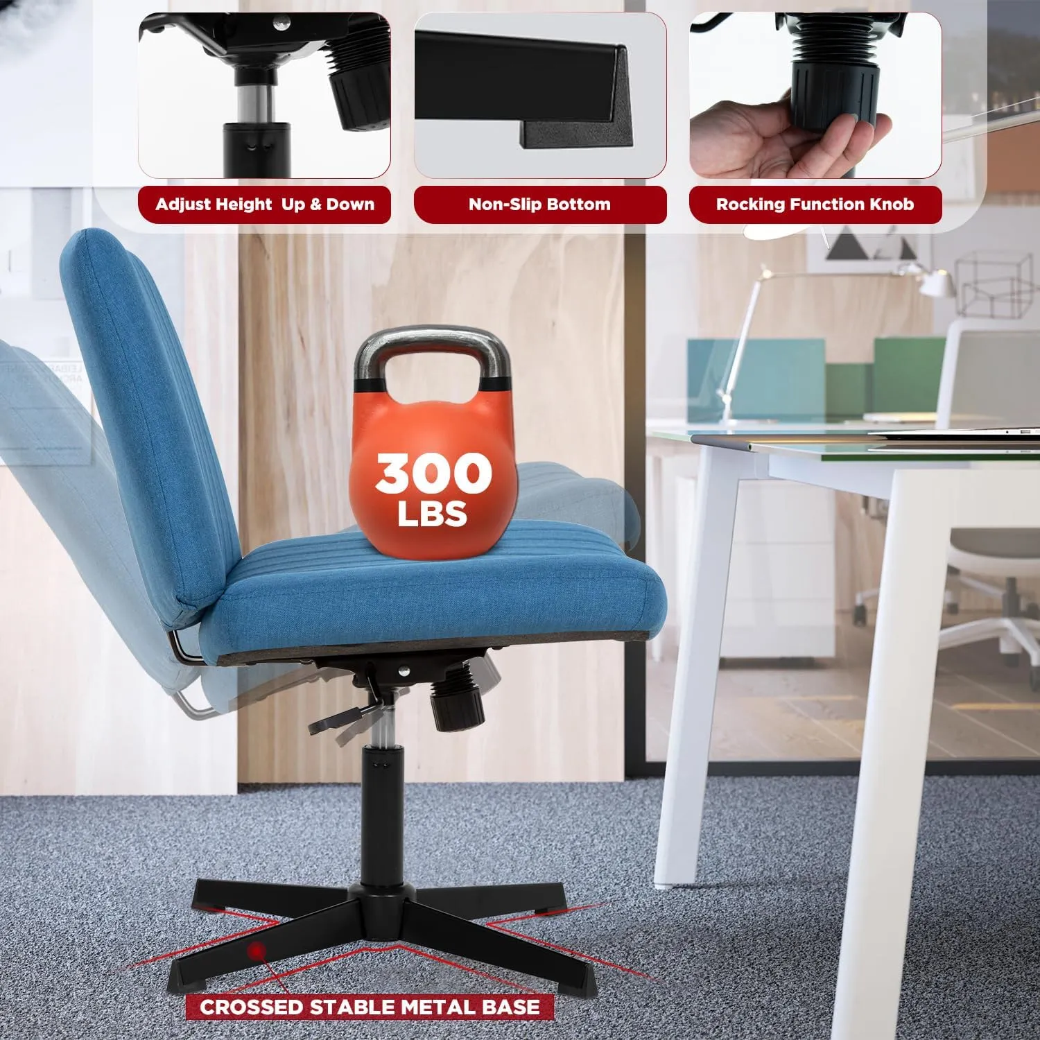 PayLessHere Criss Cross Chair,Armless Cross Legged Office Chair,Wide Comfty Desk Chair with No Wheels Modern Height Adjustable,Swivel Fabric Vanity Chair Computer Task Chair (Pack of 1, Dark Blue)