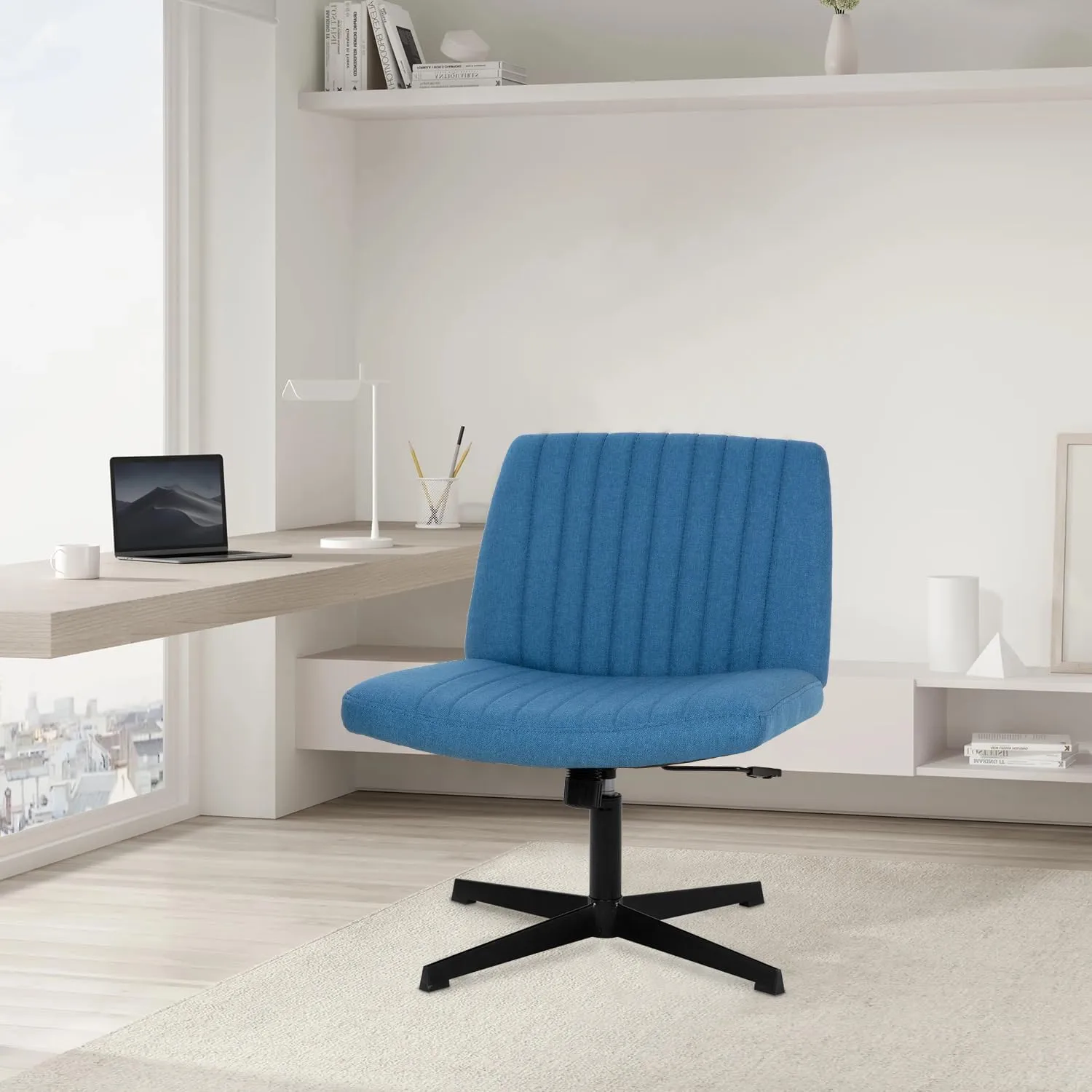 PayLessHere Criss Cross Chair,Armless Cross Legged Office Chair,Wide Comfty Desk Chair with No Wheels Modern Height Adjustable,Swivel Fabric Vanity Chair Computer Task Chair (Pack of 1, Dark Blue)