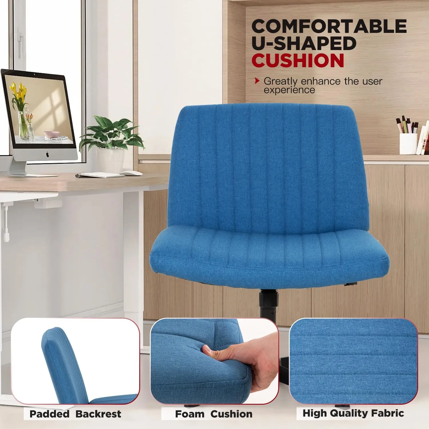 PayLessHere Criss Cross Chair,Armless Cross Legged Office Chair,Wide Comfty Desk Chair with No Wheels Modern Height Adjustable,Swivel Fabric Vanity Chair Computer Task Chair (Pack of 1, Dark Blue)