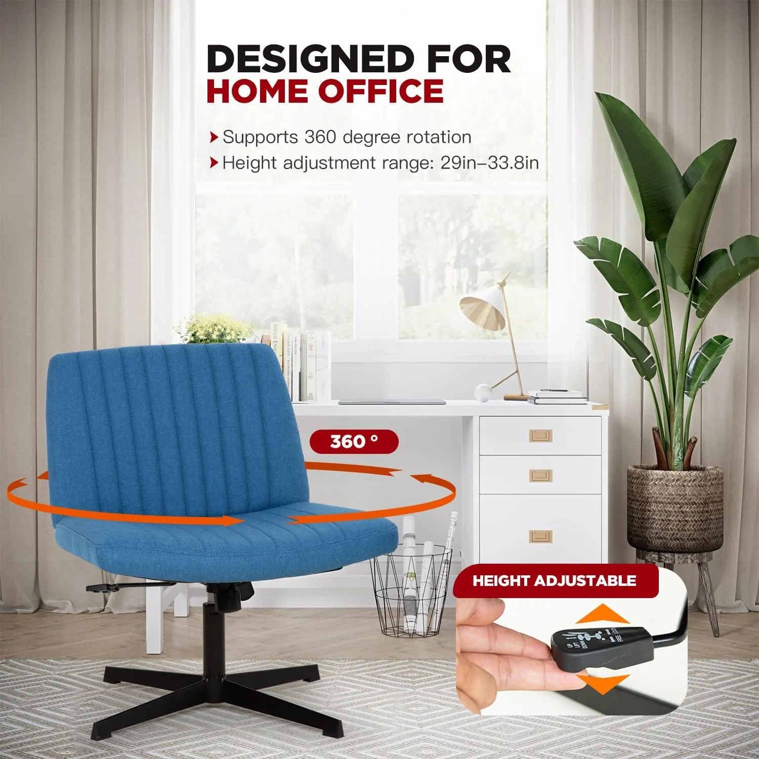 PayLessHere Criss Cross Chair,Armless Cross Legged Office Chair,Wide Comfty Desk Chair with No Wheels Modern Height Adjustable,Swivel Fabric Vanity Chair Computer Task Chair (Pack of 1, Dark Blue)