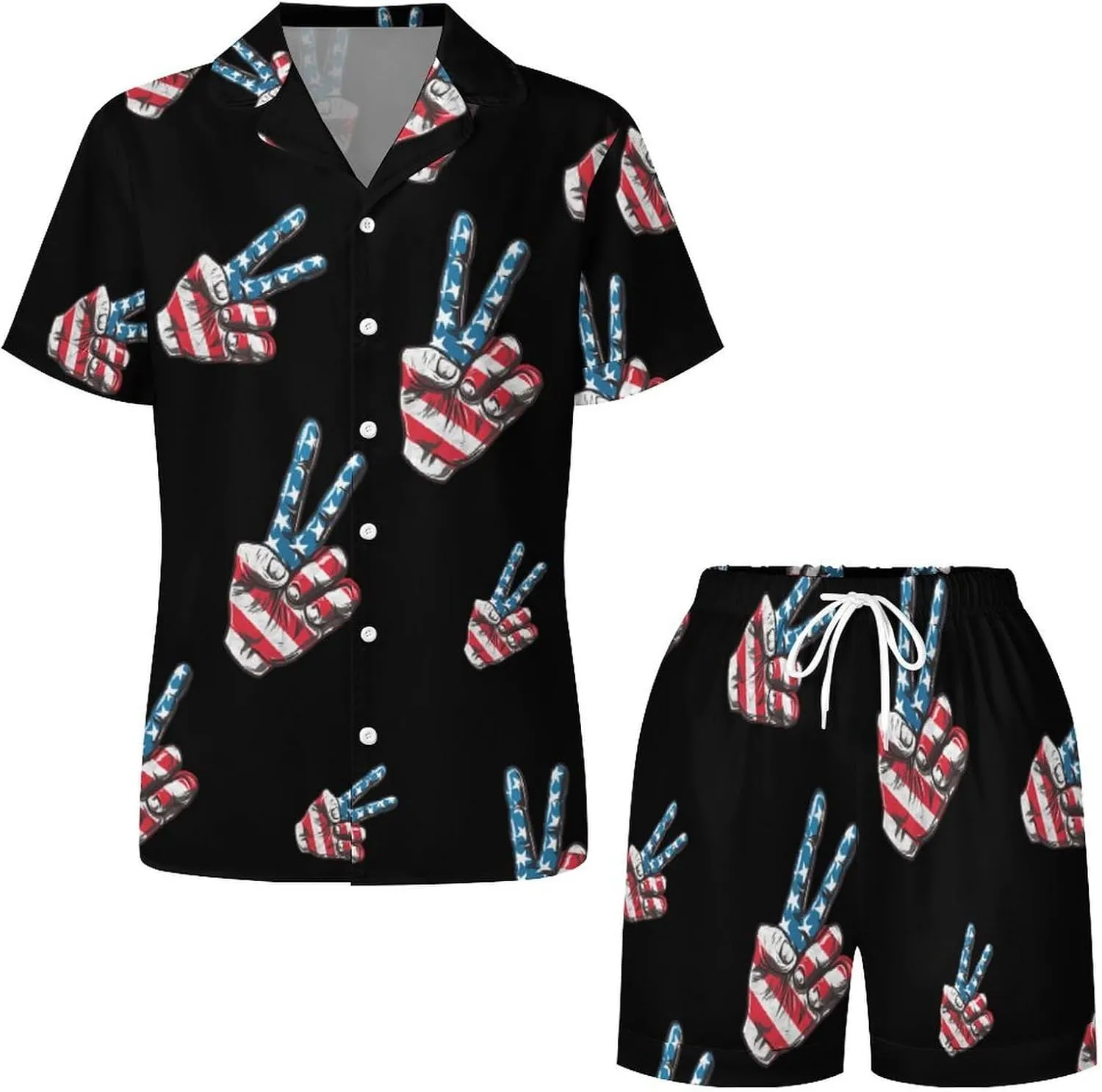 Peace Sign American Flag Women's Satin Pajama Set Short Sleeve Button Down Sleepwear Loungewear Pj Set