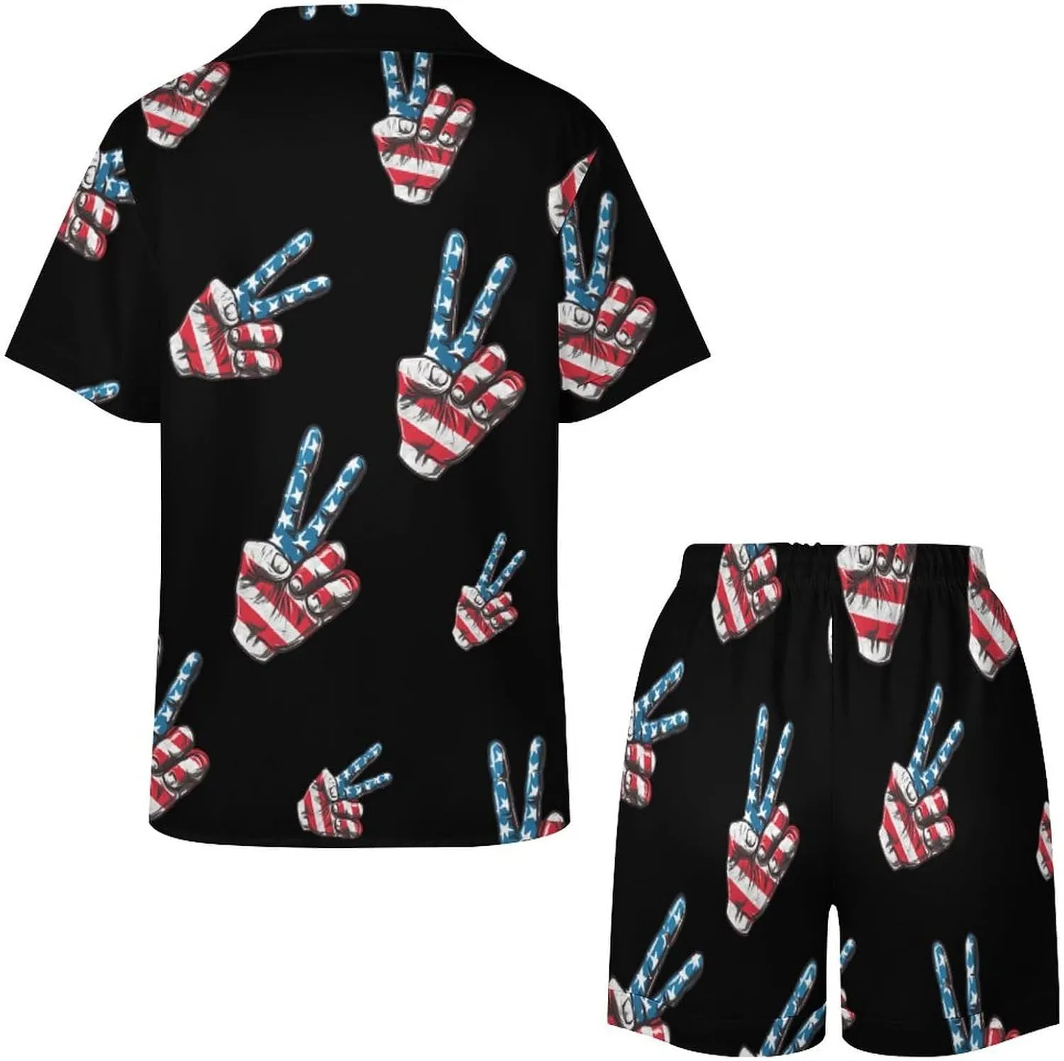 Peace Sign American Flag Women's Satin Pajama Set Short Sleeve Button Down Sleepwear Loungewear Pj Set