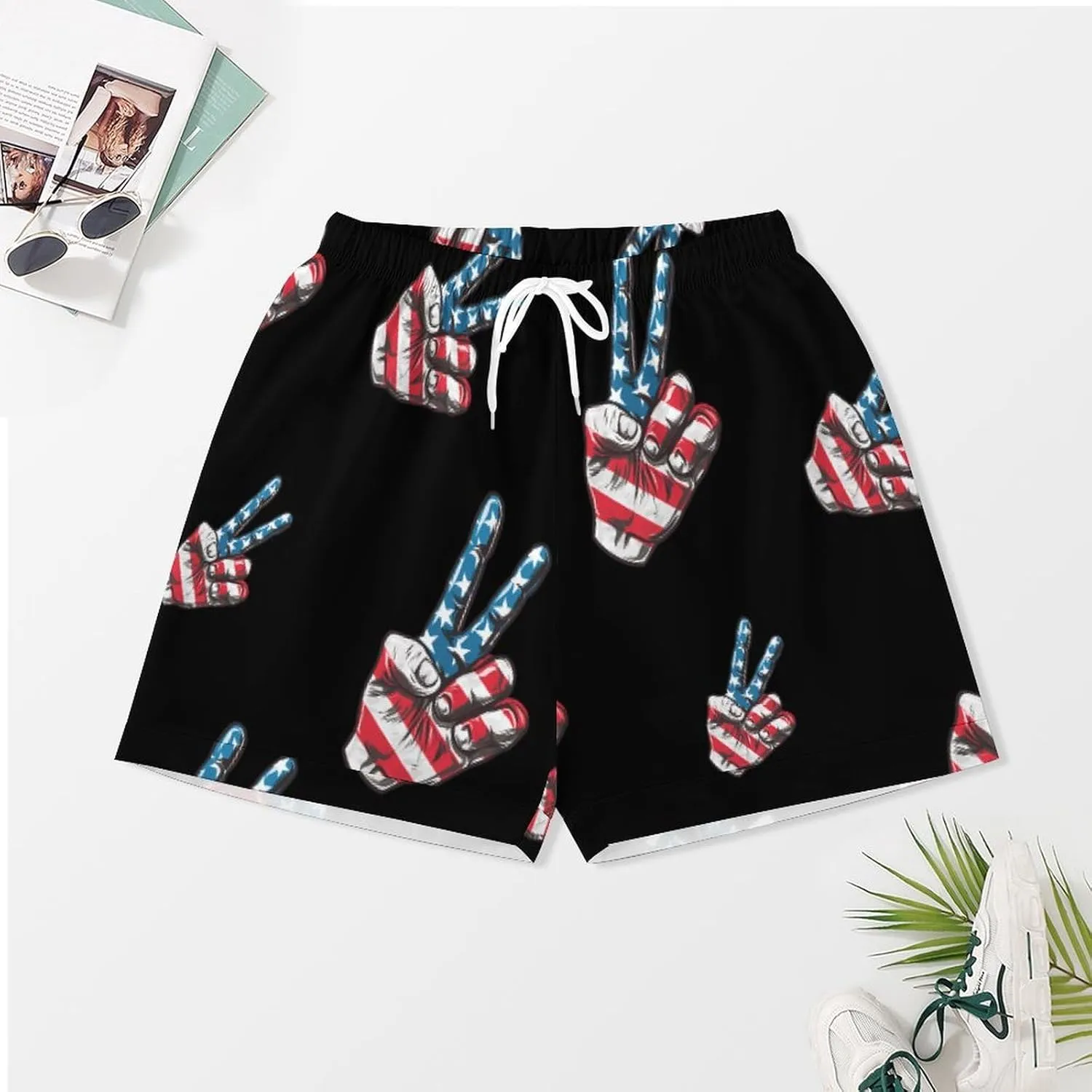 Peace Sign American Flag Women's Satin Pajama Set Short Sleeve Button Down Sleepwear Loungewear Pj Set