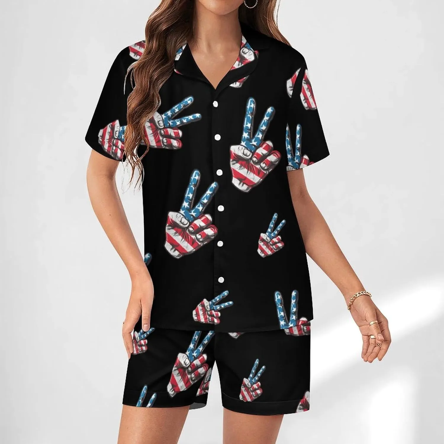 Peace Sign American Flag Women's Satin Pajama Set Short Sleeve Button Down Sleepwear Loungewear Pj Set