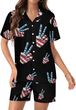 Peace Sign American Flag Women's Satin Pajama Set Short Sleeve Button Down Sleepwear Loungewear Pj Set