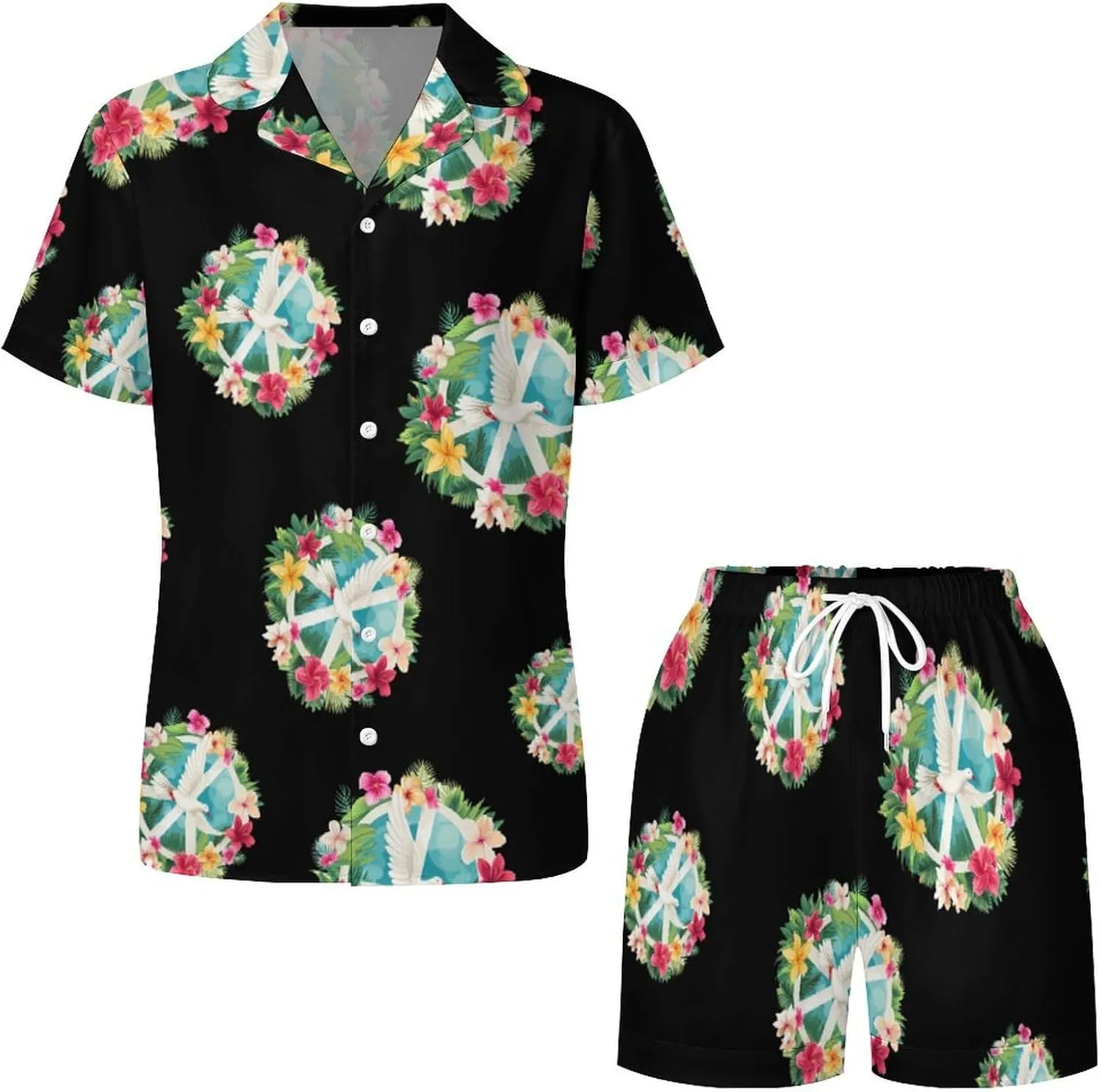 Peace Sign Dove White Pigeon Bird Women's Satin Pajama Set Short Sleeve Button Down Sleepwear Loungewear Pj Set