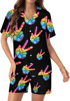 Peace Sign Hand Gay LGBT Prideful Women's Satin Pajama Set Short Sleeve Button Down Sleepwear Loungewear Pj Set