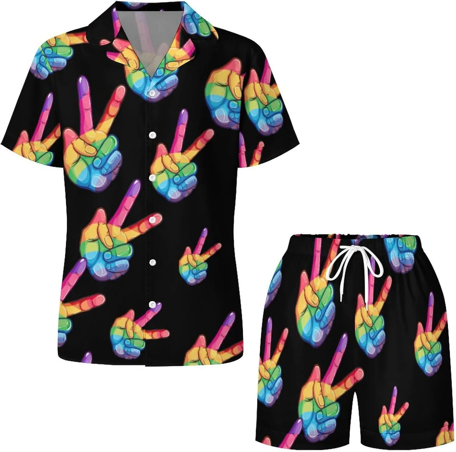 Peace Sign Hand Gay LGBT Prideful Women's Satin Pajama Set Short Sleeve Button Down Sleepwear Loungewear Pj Set