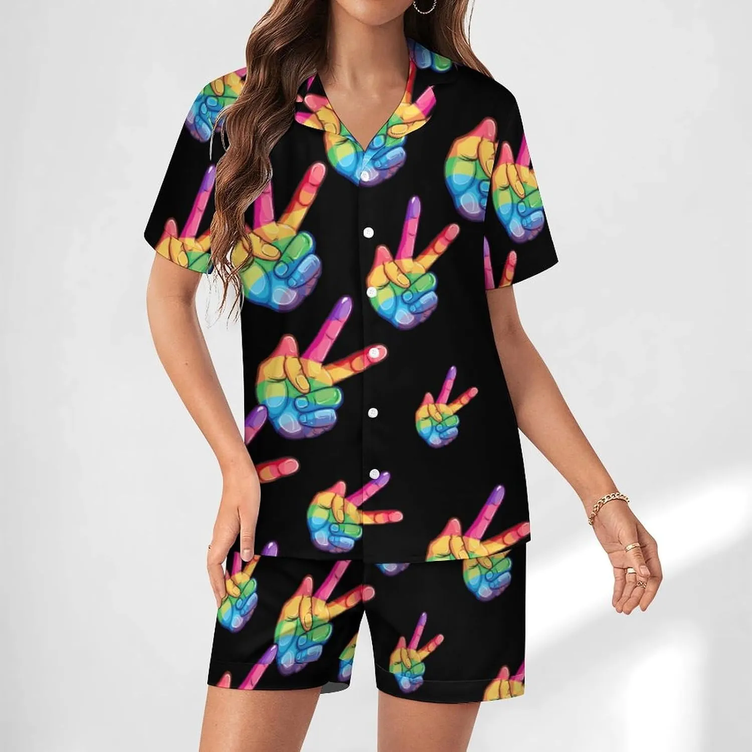 Peace Sign Hand Gay LGBT Prideful Women's Satin Pajama Set Short Sleeve Button Down Sleepwear Loungewear Pj Set