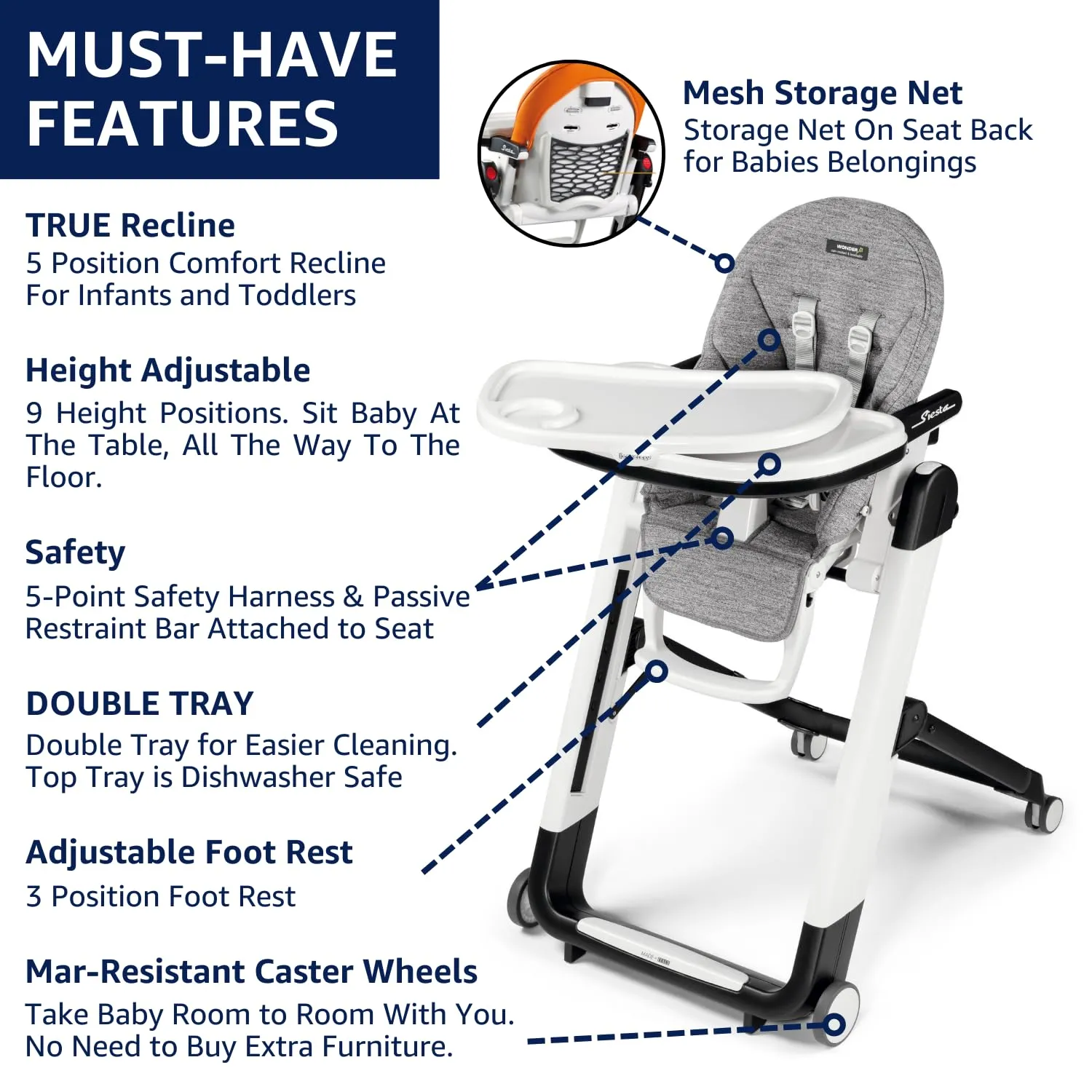 Peg Perego Siesta, Grow with Baby Folding High Chair & Recliner, Height Adjustable, Quick Clean & Easy Push Wheels for Babies & Toddlers, Made in Italy, Aquarelle (White)