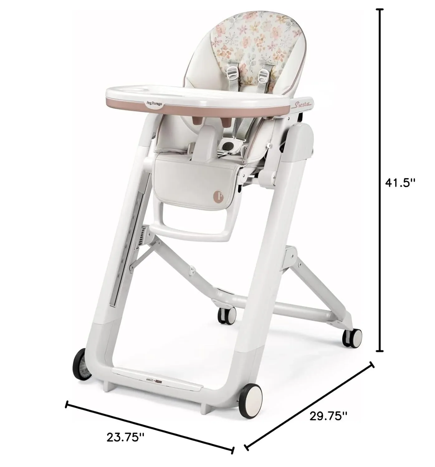 Peg Perego Siesta, Grow with Baby Folding High Chair & Recliner, Height Adjustable, Quick Clean & Easy Push Wheels for Babies & Toddlers, Made in Italy, Aquarelle (White)