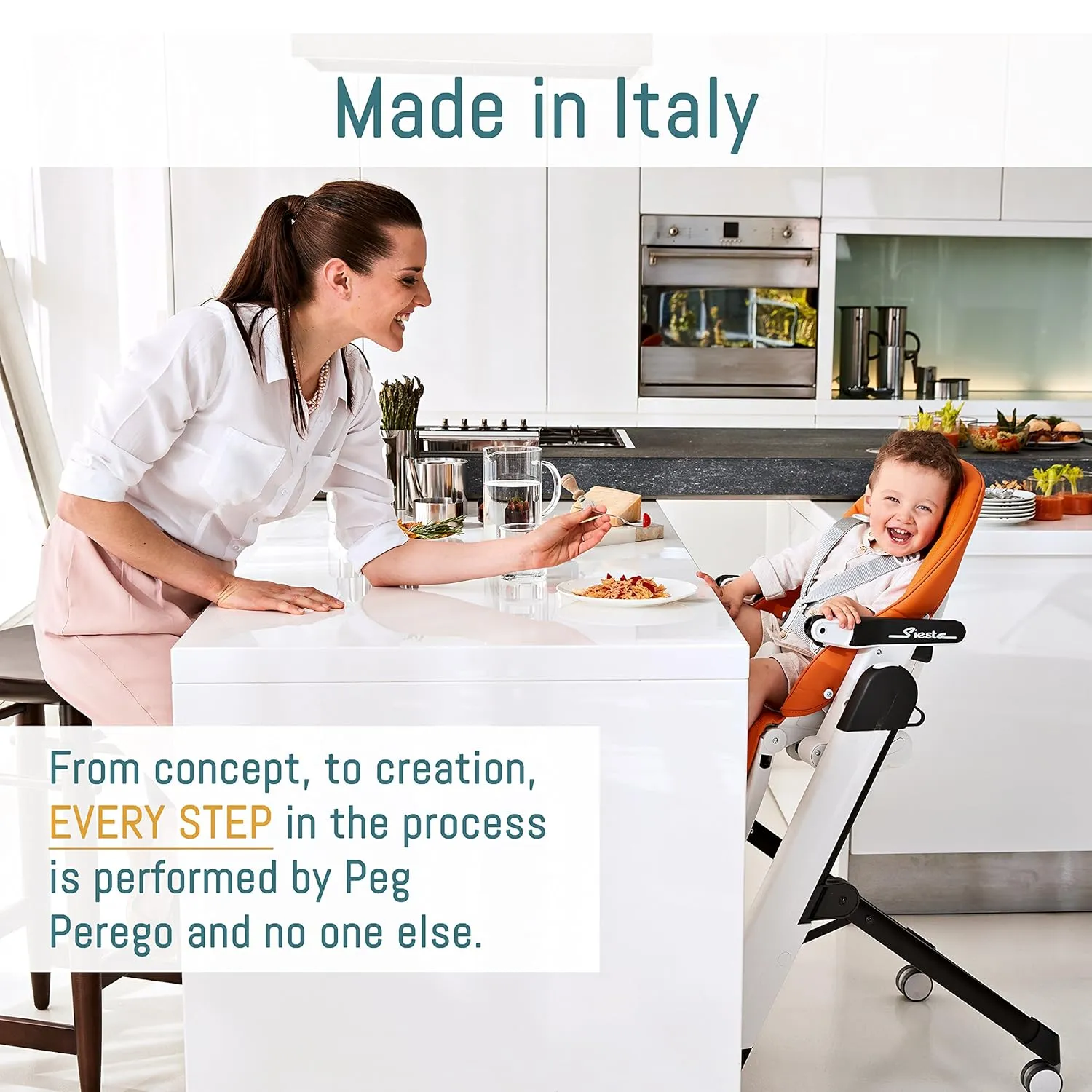 Peg Perego Siesta, Grow With Baby Folding High Chair & Recliner, Height Adjustable, Quick Clean & Easy Push Wheels For Babies & Toddlers, Made in Italy, Ice (Grey)