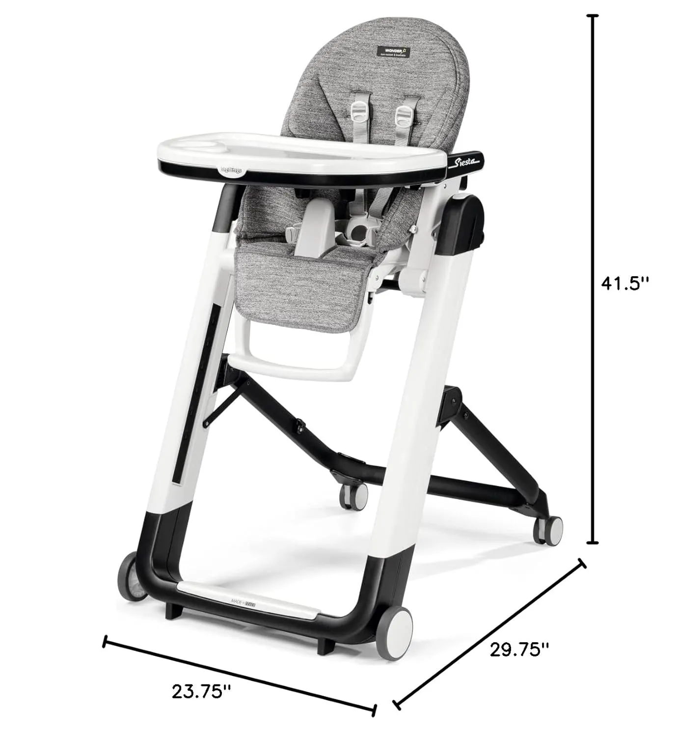 Peg Perego Siesta, Grow with Baby Folding High Chair & Recliner, Height Adjustable, Quick Clean & Easy Push Wheels for Babies & Toddlers, Made in Italy, Wonder Grey (Grey)