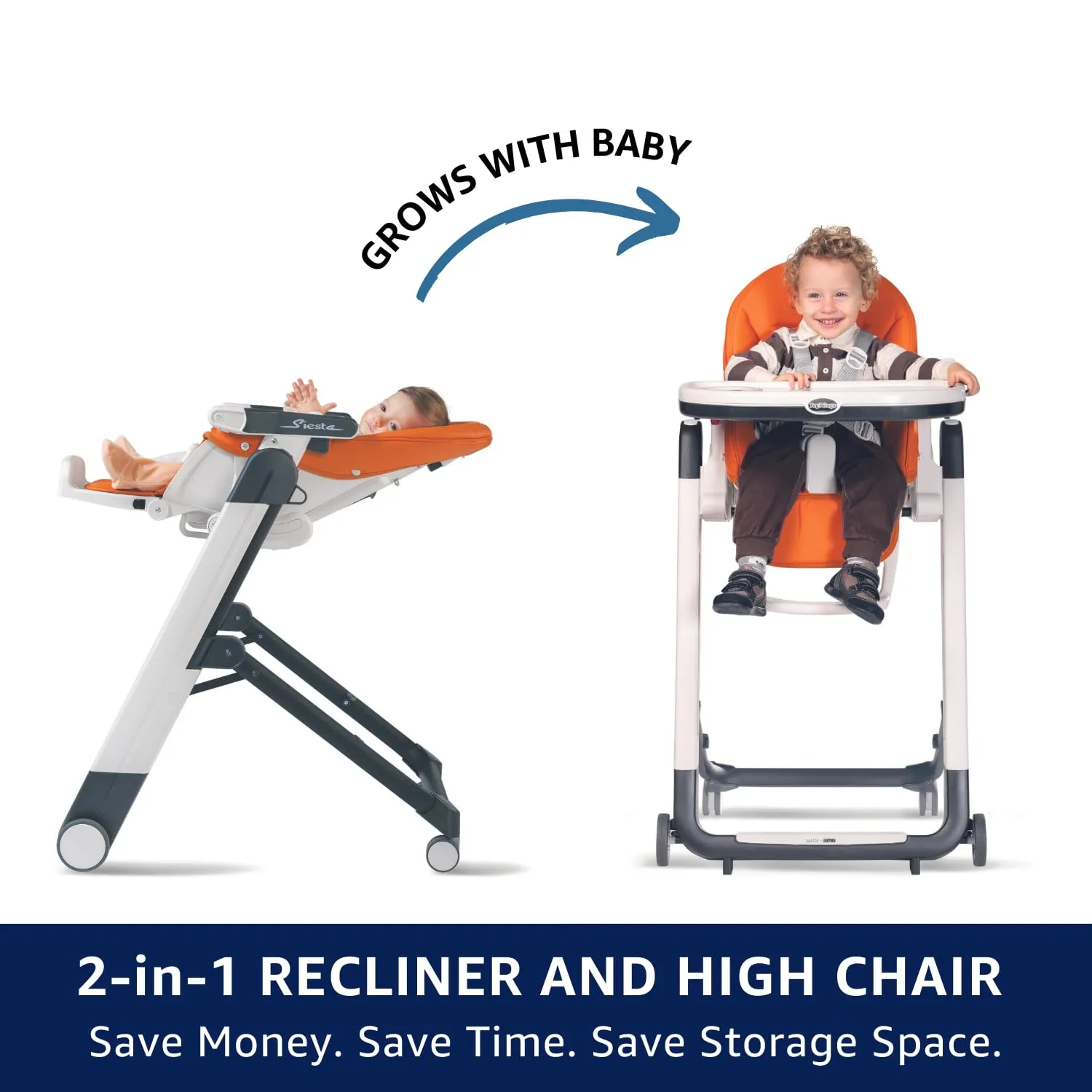 Peg Perego Siesta, Grow with Baby Folding High Chair & Recliner, Height Adjustable, Quick Clean & Easy Push Wheels for Babies & Toddlers, Made in Italy, Wonder Grey (Grey)