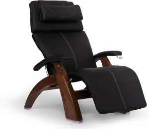 Perfect Chair Human Touch PC-420 Classic Manual Plus Series 2 Walnut Wood Base Zero-Gravity Recliner - Black Top-Grain Leather