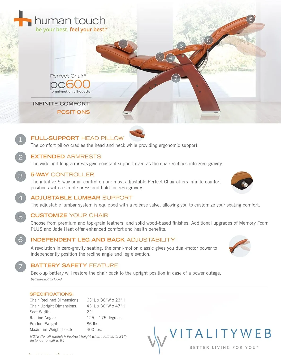 Perfect Chair Human Touch PC-600 Omni-Motion Silhouette Power Walnut Zero-Gravity Recliner   Memory Foam Plus Kit - Sycamore Premium Leather