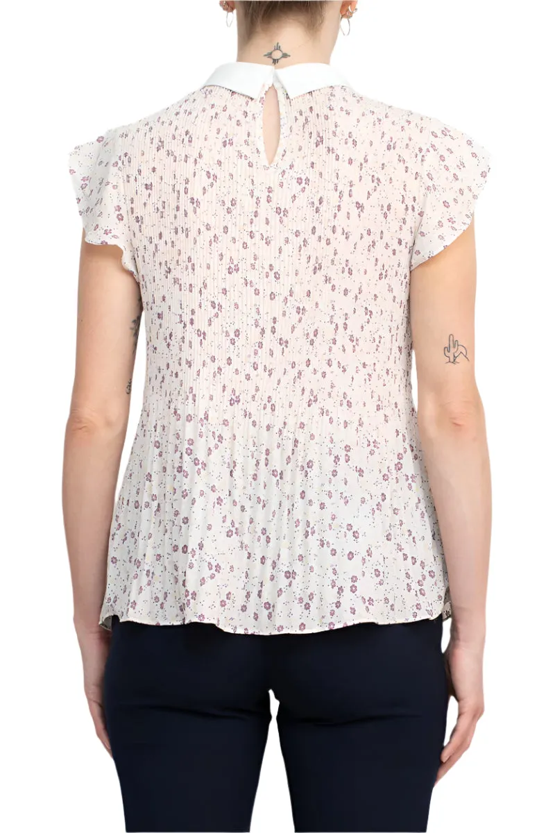 Peter Pan Collar Flutter Sleeve Pleated Printed Woven Georgette Top