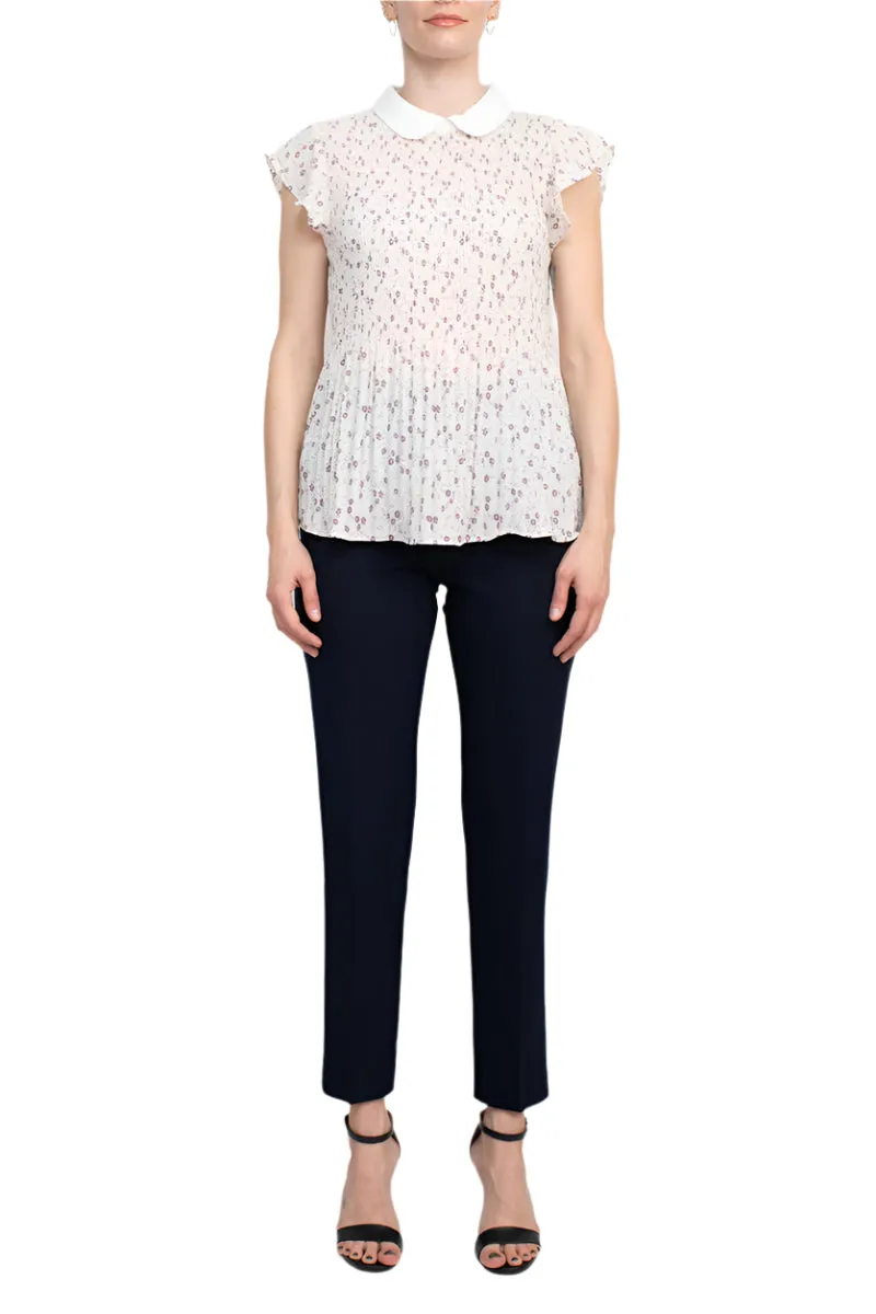 Peter Pan Collar Flutter Sleeve Pleated Printed Woven Georgette Top