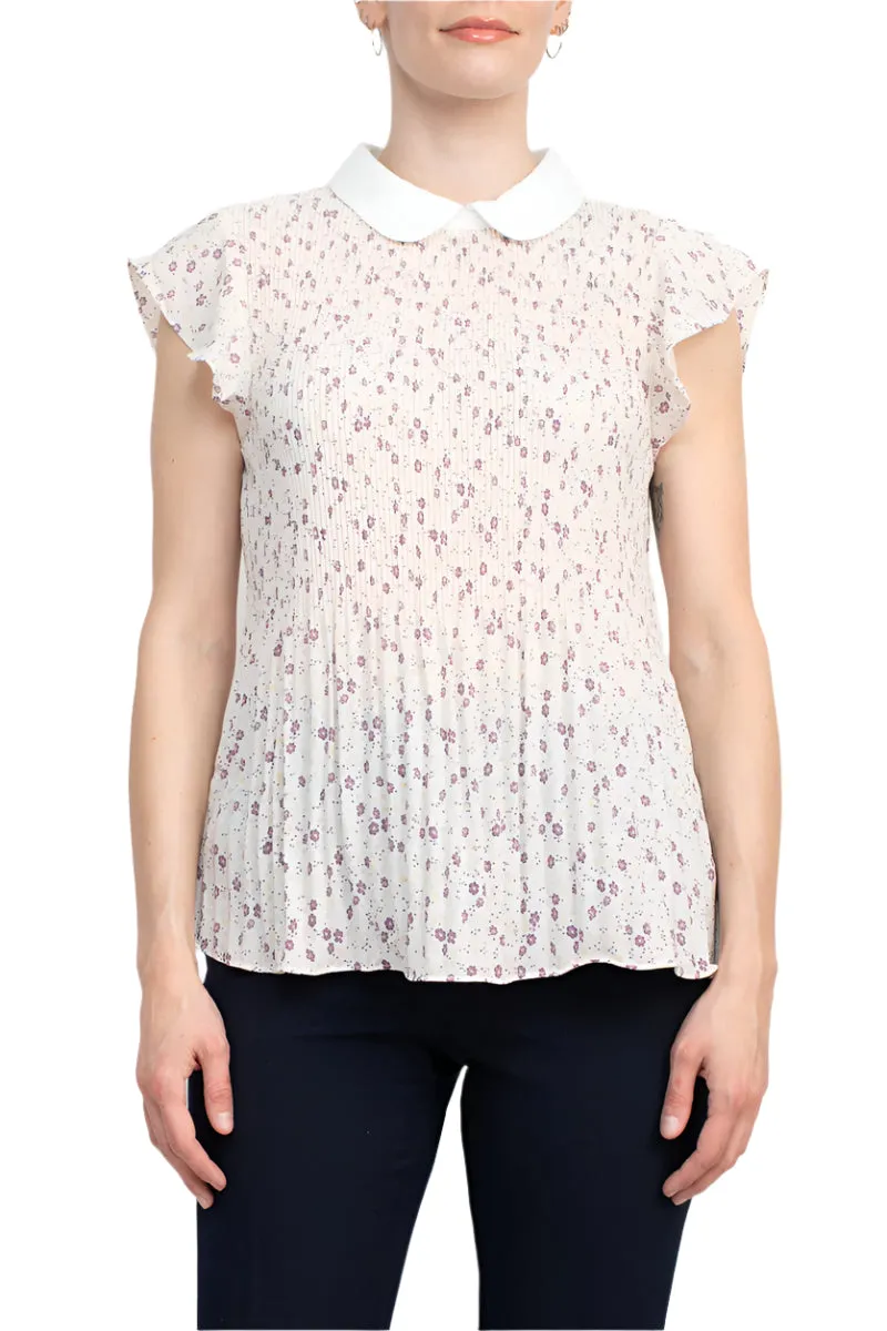 Peter Pan Collar Flutter Sleeve Pleated Printed Woven Georgette Top