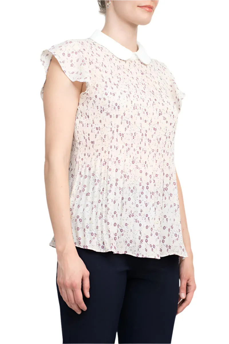 Peter Pan Collar Flutter Sleeve Pleated Printed Woven Georgette Top