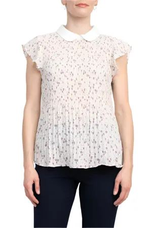 Peter Pan Collar Flutter Sleeve Pleated Printed Woven Georgette Top