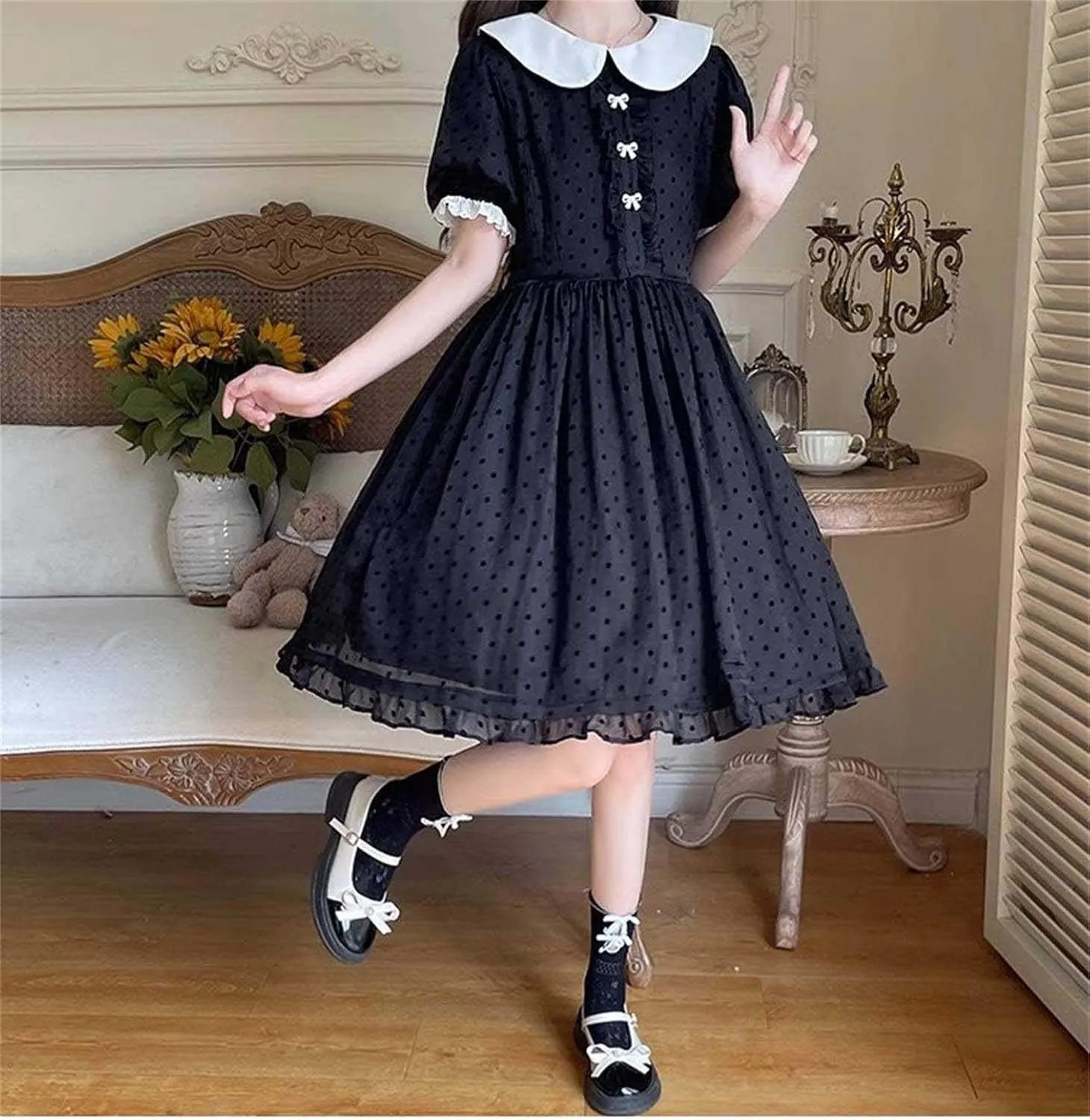 Peter Pan Collar Polka Dot Dress Women Cute Summer Chiffon Puff Short Sleeve Vintage Ruffle Swing Junior Dresses