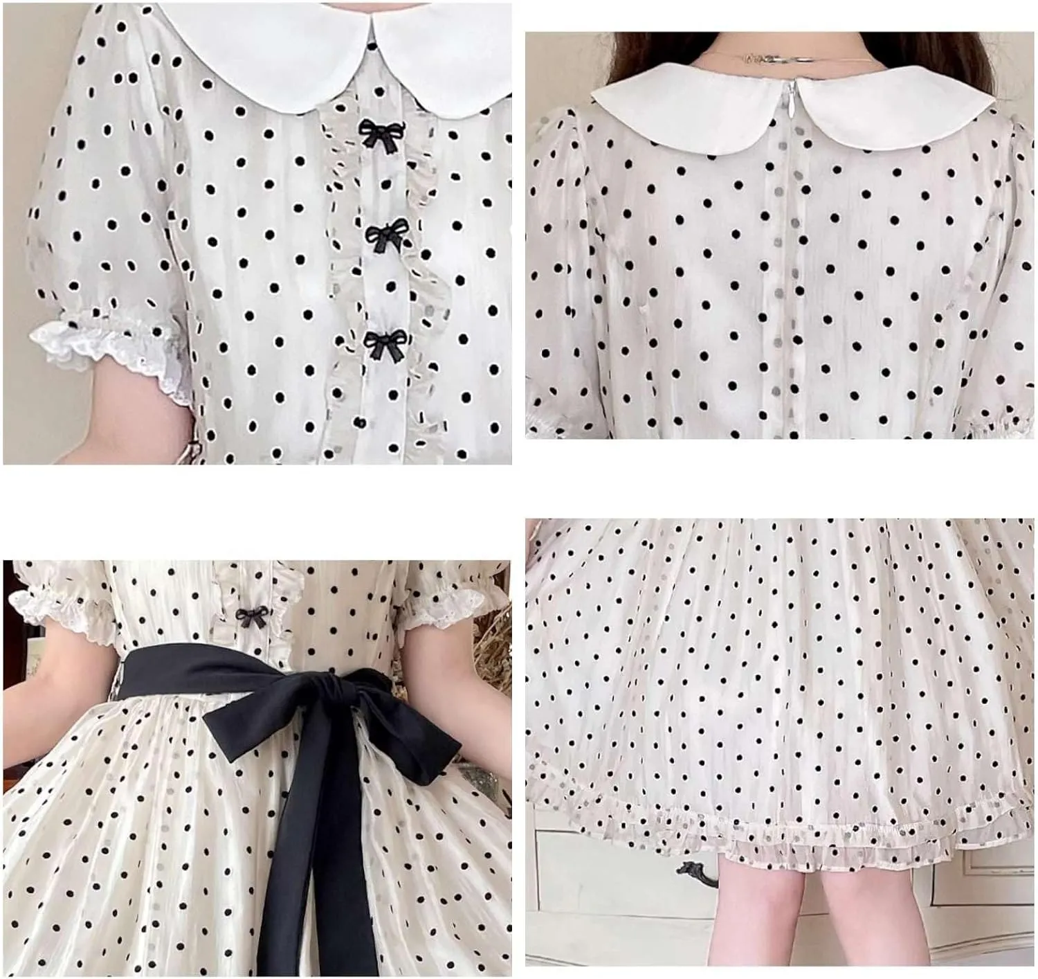 Peter Pan Collar Polka Dot Dress Women Cute Summer Chiffon Puff Short Sleeve Vintage Ruffle Swing Junior Dresses