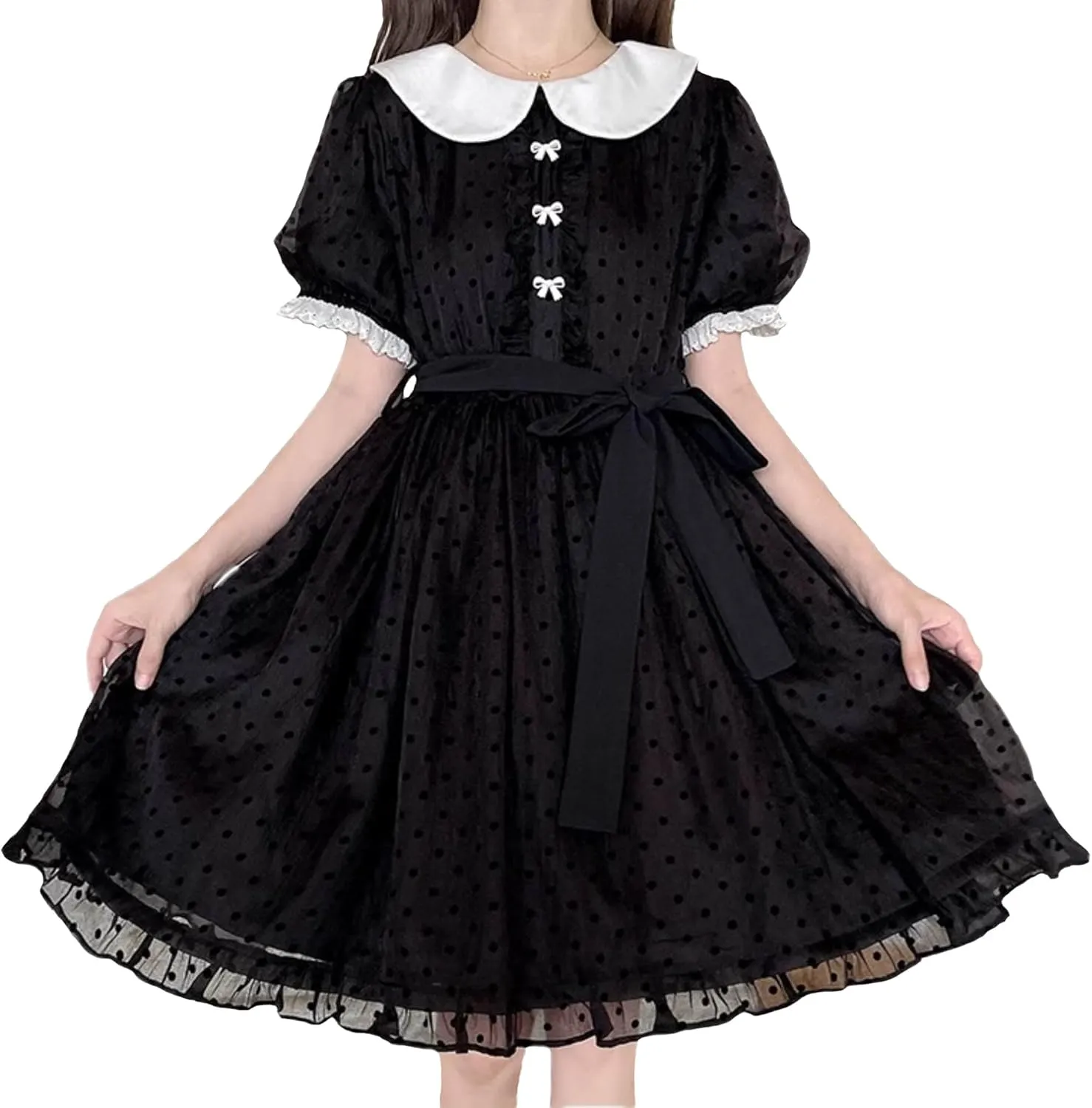 Peter Pan Collar Polka Dot Dress Women Cute Summer Chiffon Puff Short Sleeve Vintage Ruffle Swing Junior Dresses