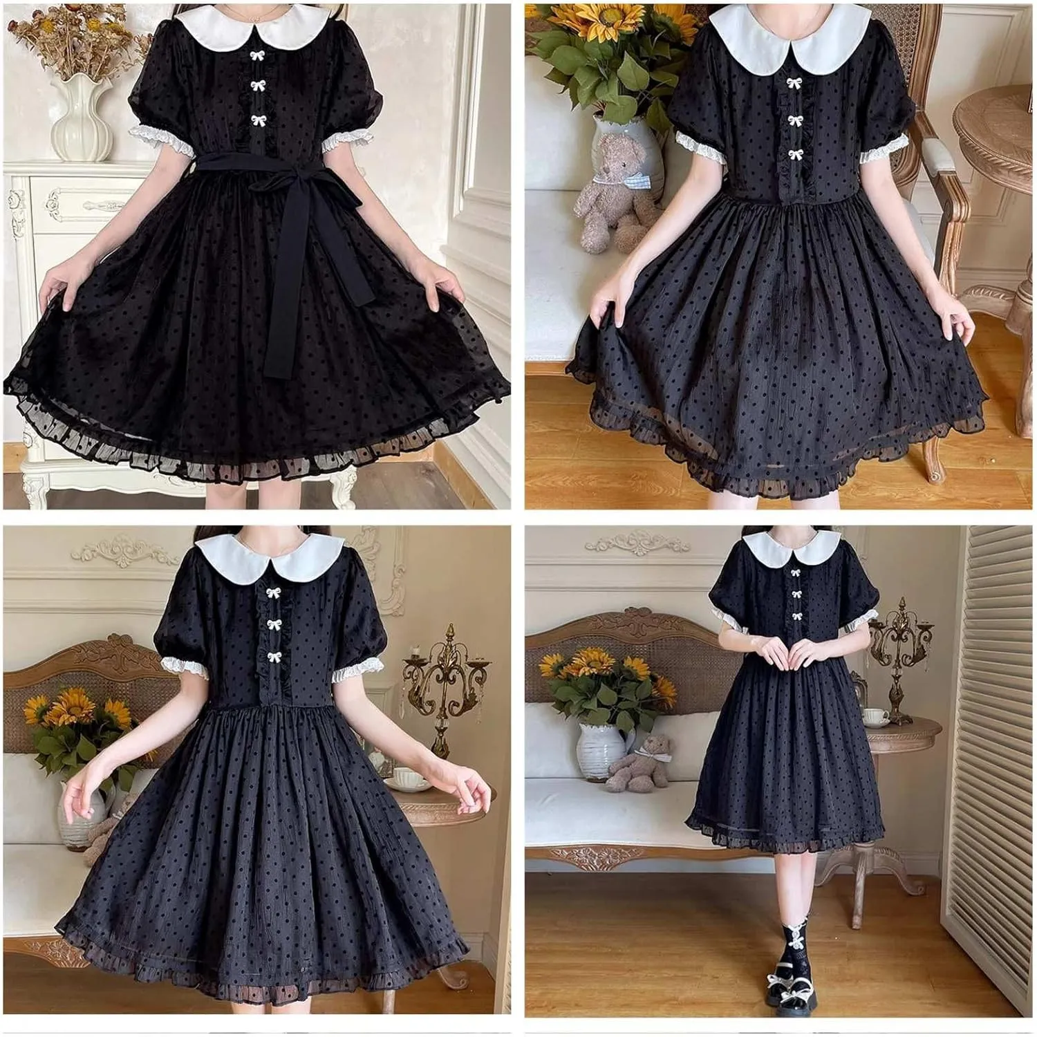 Peter Pan Collar Polka Dot Dress Women Cute Summer Chiffon Puff Short Sleeve Vintage Ruffle Swing Junior Dresses