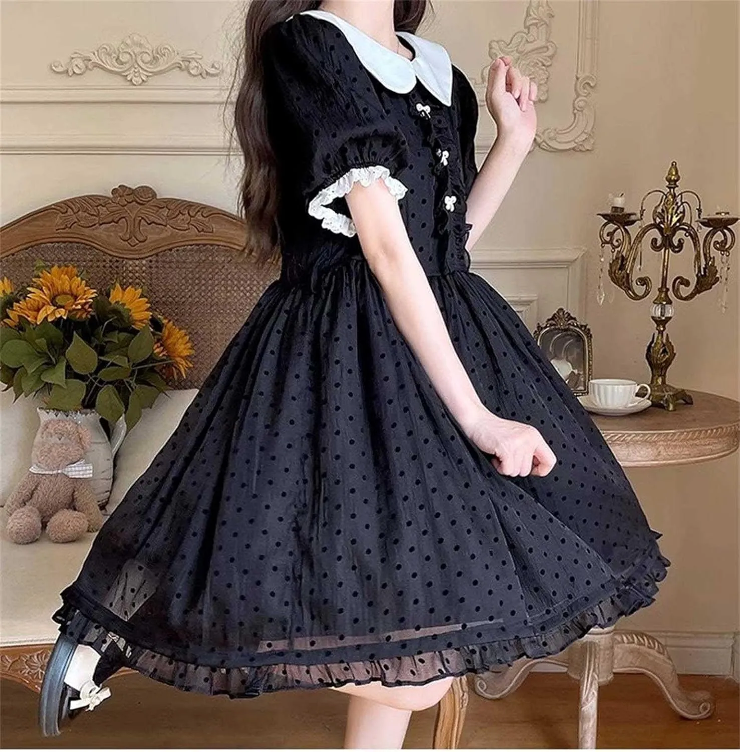 Peter Pan Collar Polka Dot Dress Women Cute Summer Chiffon Puff Short Sleeve Vintage Ruffle Swing Junior Dresses