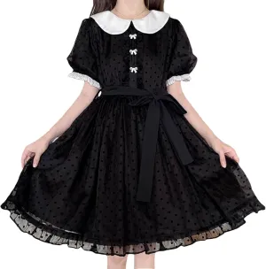 Peter Pan Collar Polka Dot Dress Women Cute Summer Chiffon Puff Short Sleeve Vintage Ruffle Swing Junior Dresses