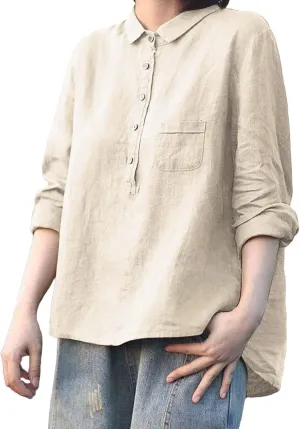 Peter Pan Collar Shirt Women Long Sleeve Casual Quarter-Button Cotton Linen Henley Tops Spring Summer 2025 Tops