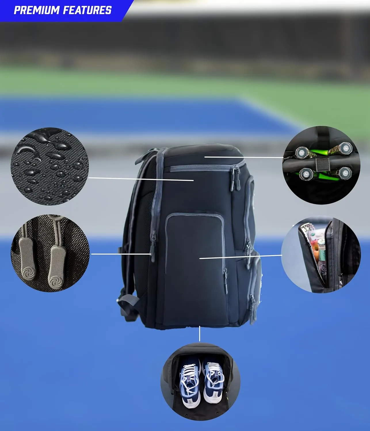 Pickleball Bag, Large Pickleball Backpack, spacious design with paddle storage, shoe compartment, thermal pocket, water bottle holder, fence hook. Ideal for all your pickleball gear