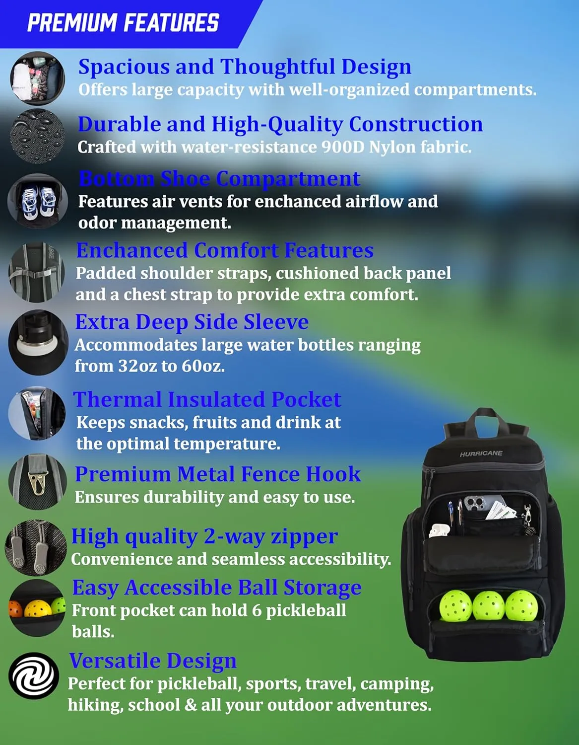 Pickleball Bag, Large Pickleball Backpack, spacious design with paddle storage, shoe compartment, thermal pocket, water bottle holder, fence hook. Ideal for all your pickleball gear